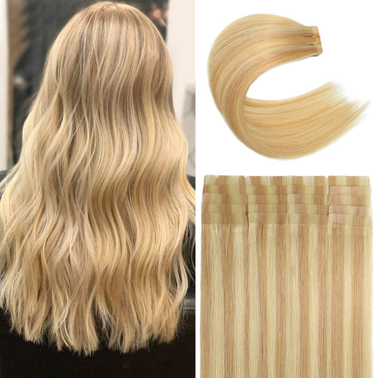 Tape in Hair Extensions Remy Human Hair Ombre Color Golden Brown Highlights Bleach Blonde Invisible Skin Wef 22inch 60g 20 Pieces Staight Tape ins for Fashion Women