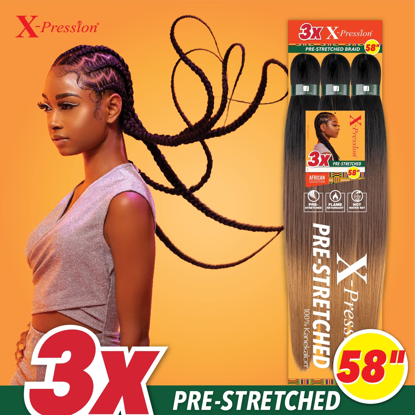 Sensationnel Xpression prestretched braiding hair - 3x xpression 58-inch flame retardant smooth yaki braid - 3x x-pression 58 inch (2 pack, 3T2/27/613)