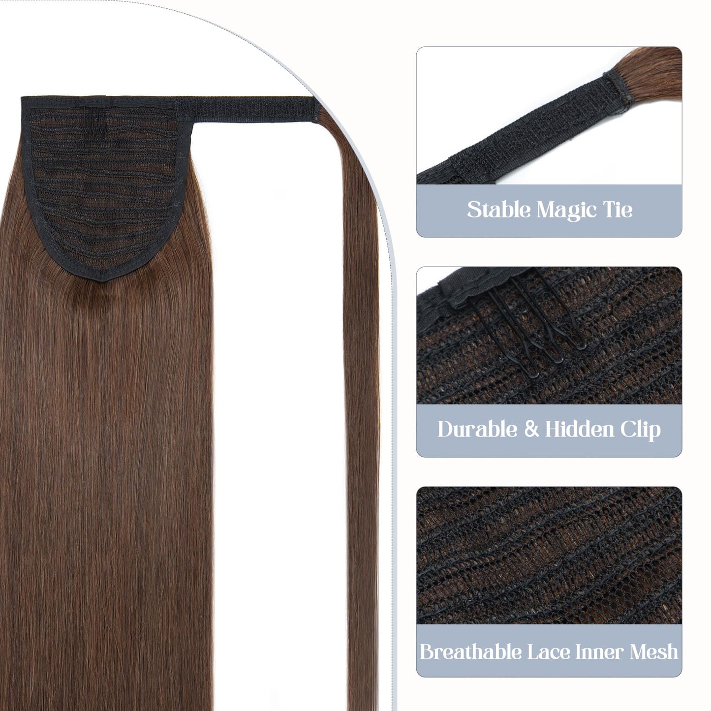 Rich Choices Ponytail Extension Human Hair #4 Medium Brown Real Hair Ponytail Extension Balayage One Piece Clip In Wrap Around Long Ponytail Extension Straight For Women 20 Inch 95g