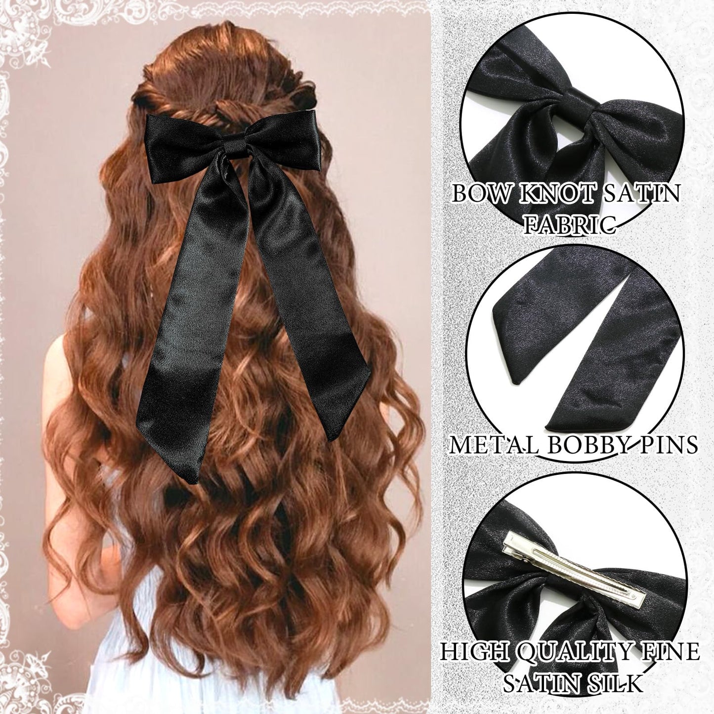 SAWINDA 4PCS Silky Satin Hair Bows for Women Black White Hair Ribbon Clip with Long Tail for Hair Daily Wear Wedding Party Prom Hair Bow Hair Accessories for Women Girls (Black*2&White*2)
