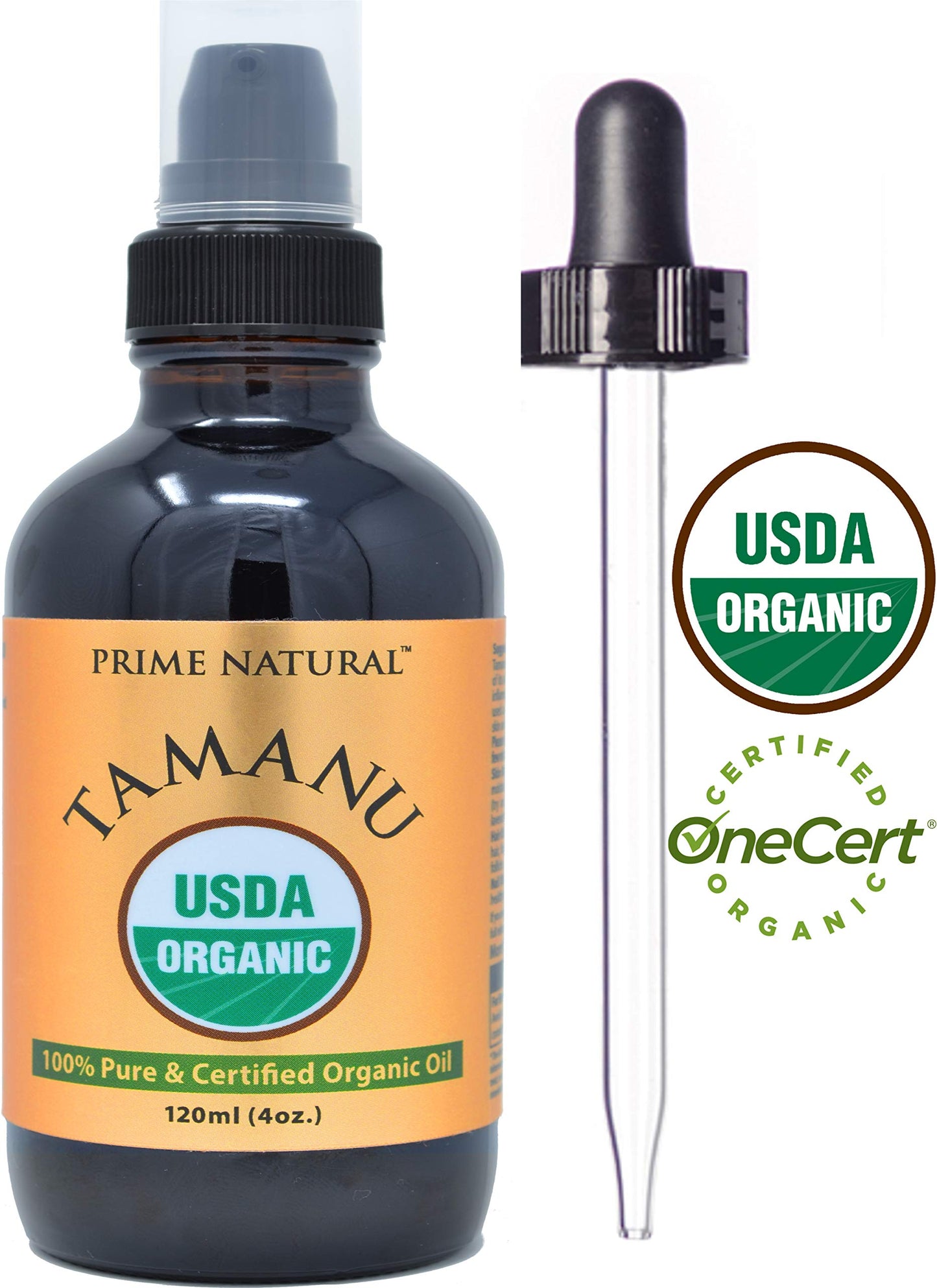 Prime Natural Organic Tamanu Oil - USDA Certified, 100% Pure, Cold Pressed, Unrefined, Virgin (4oz / 120ml) for Face, Hair & Skin Care - Natural Moisturizer