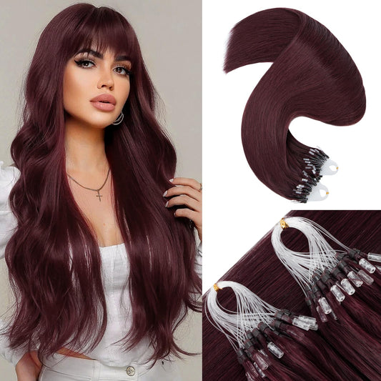 Benehair Micro Loop Hair Extensions Real Human Hair Wine Red Microlink Hair Extensions Human Hair 22inch Micro Link Hair Extensions for Women Invisible Natural Hair Extensions Add Volume