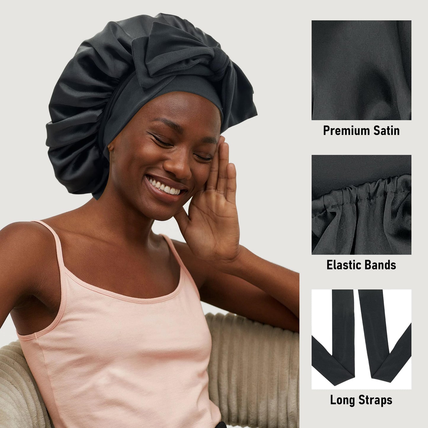Satin Bonnet Silk Bonnet for Sleeping Women Hair Bonnet for Curly Hair Head Wrap Scarf Night Sleep Cap Bonnets for Black Woman Hair Accessories for Women Men Girls with Elastic Tie Band(Black)