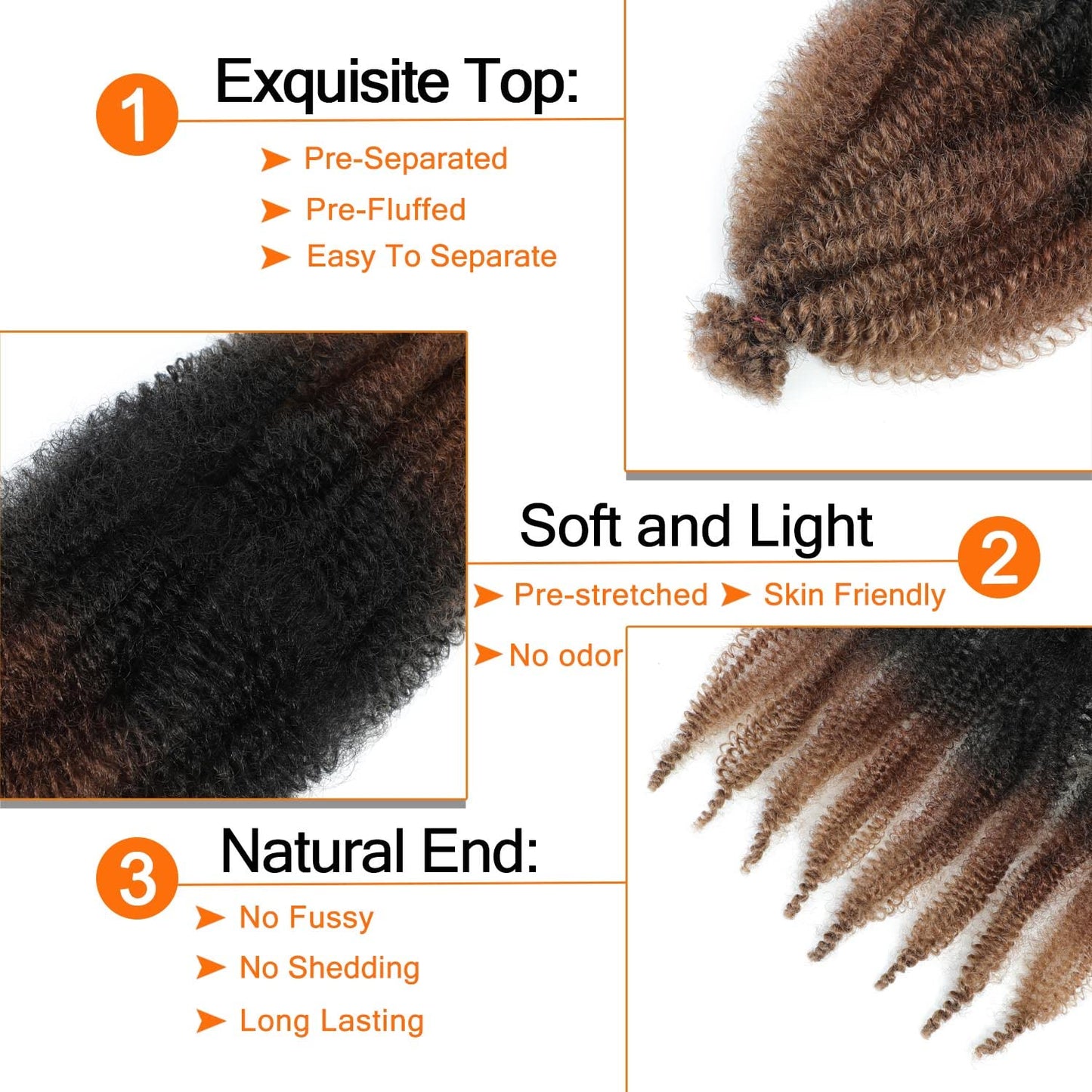 Black Brown Springy Afro Twist Hair 24 Inch 3 Packs Afro Twist Spring Hair Braiding Hair Extension (24 Inch, 3packs, 1B/30/27#)