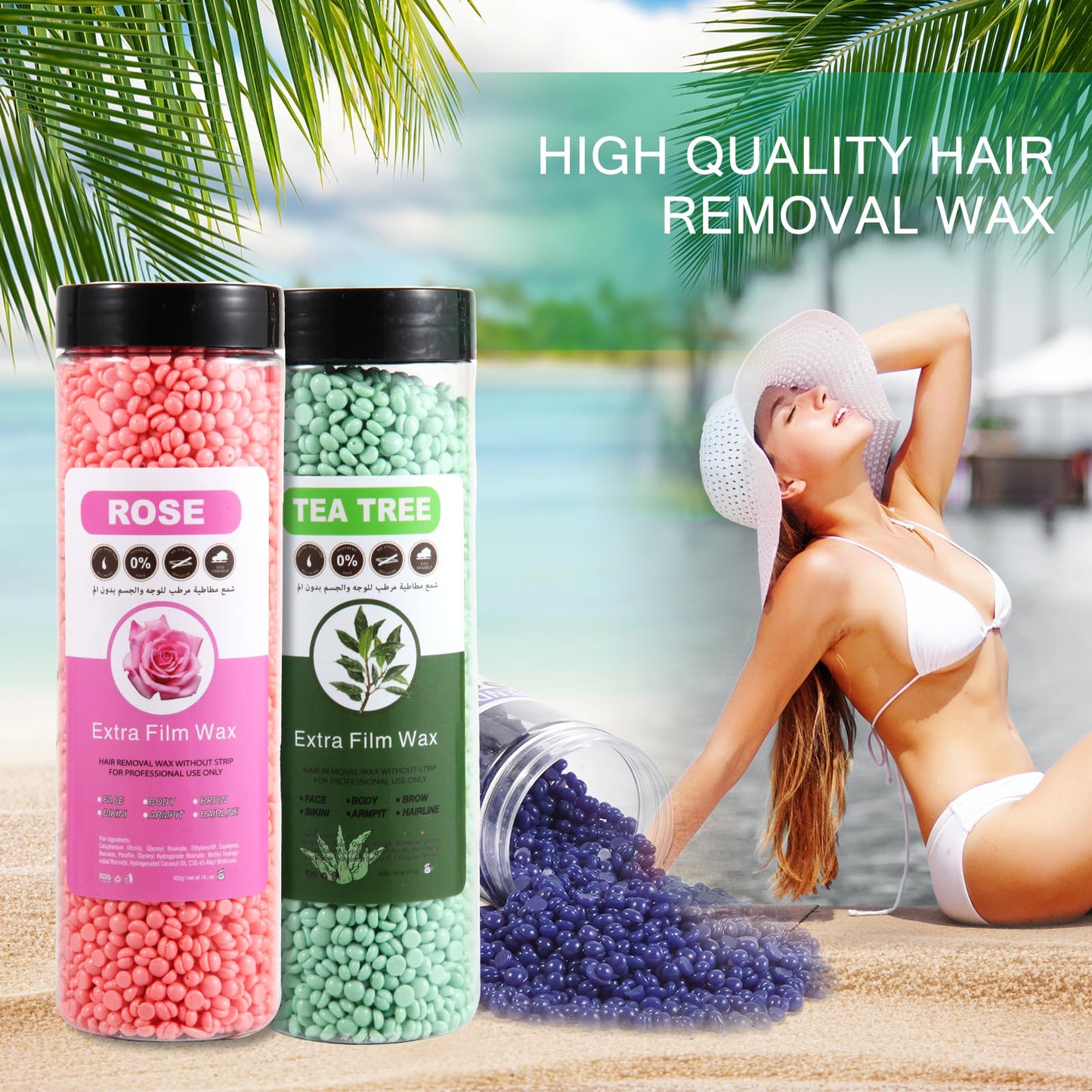 Pmuul Hardwax Bead, 400g Hard wax bean, Sensitive skin wax beads for facial, arm, leg, underarm, bikini and Brazilian hair removal, Tea plant
