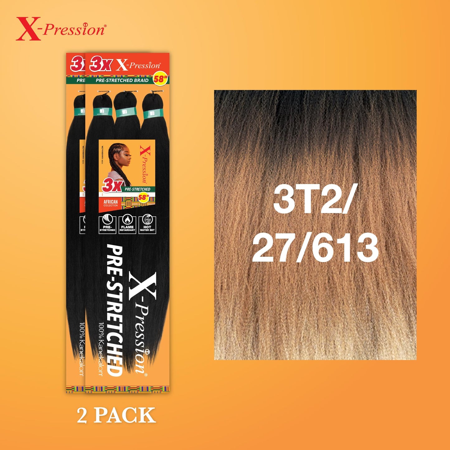 Sensationnel Xpression prestretched braiding hair - 3x xpression 58-inch flame retardant smooth yaki braid - 3x x-pression 58 inch (2 pack, 3T2/27/613)