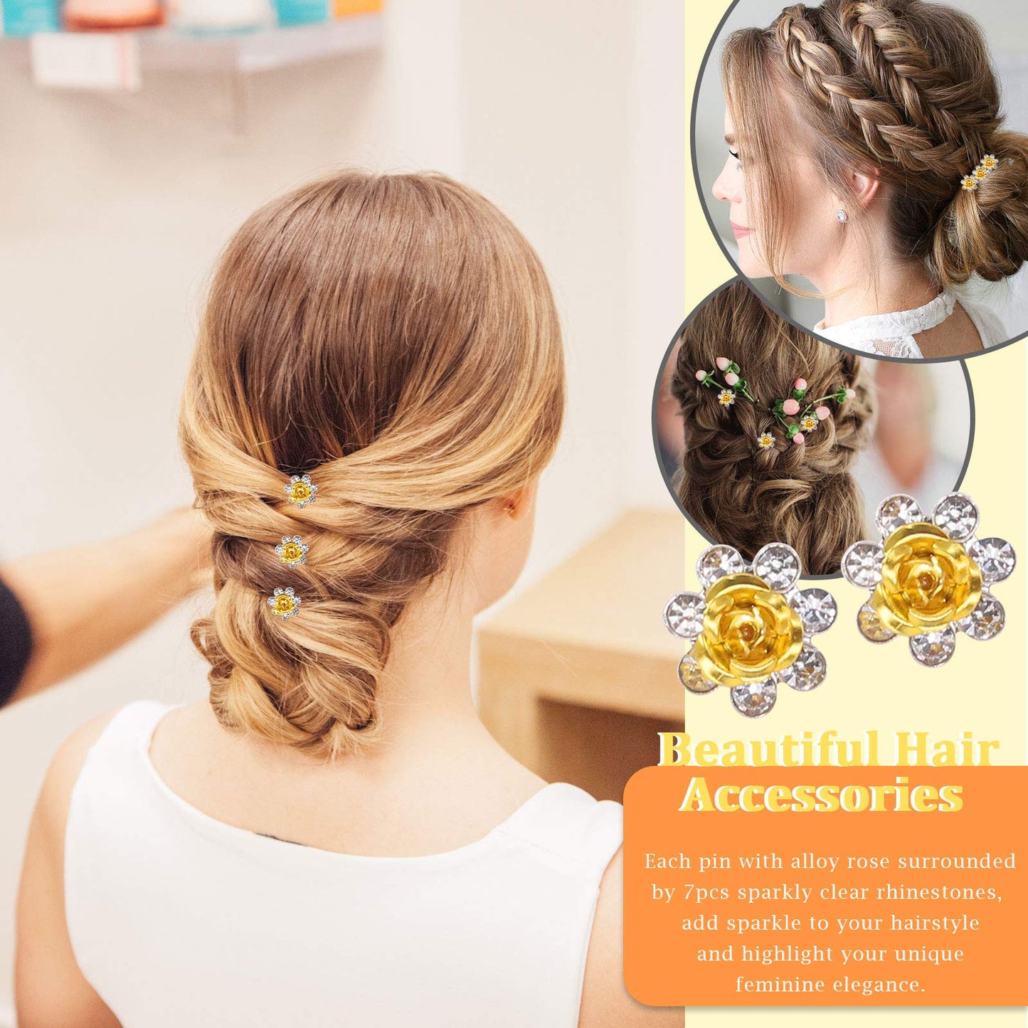 Rustark 40 Pcs Gold Crystal Hair Pins Rose Flower Rhinestone Hair Clips U Shaped Hair Pins Bobby Pins Bun Hairpins for Wedding Bridal Women Hair Jewelry Accessories with Storage Case