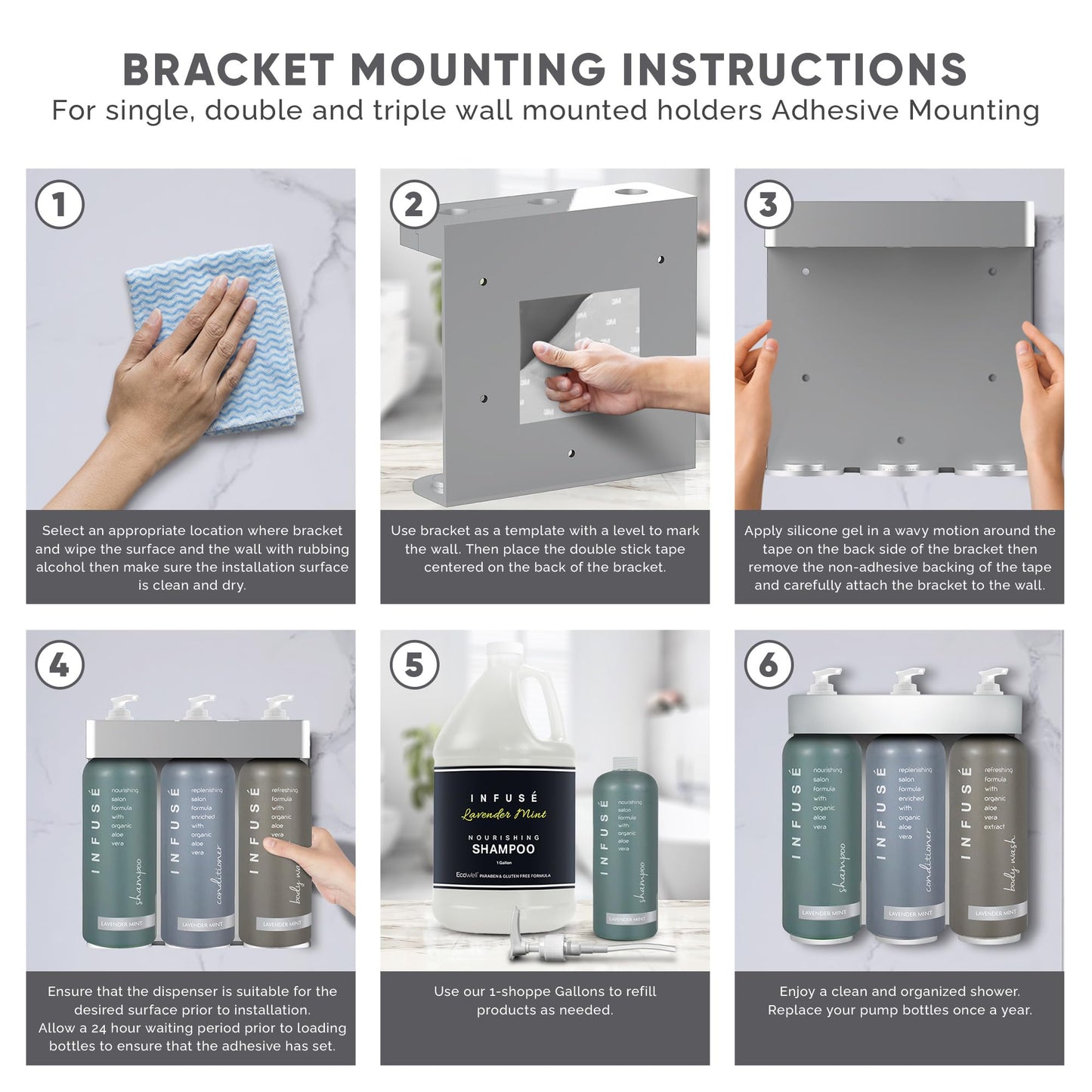 Acquavera Triple Bracket (Silver) with Infuse Lavender Mint Shampoo, Conditioner and Body Wash