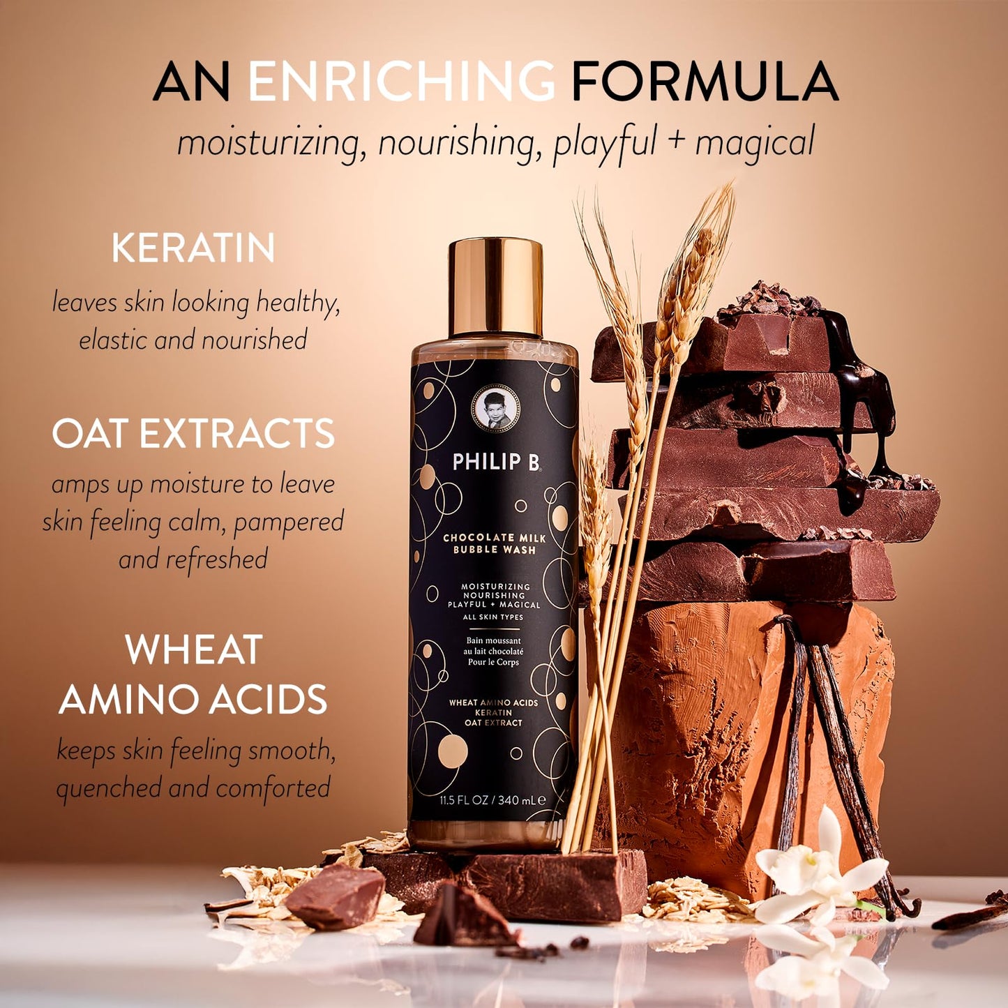PHILIP B Chocolate Milk Bubble Wash 11.5 Fl Oz (340mL) - Moisturizing & Nourishing, Formulated With Wheat Amino Acids, Keratin & Oat Extract, for All Skin Types