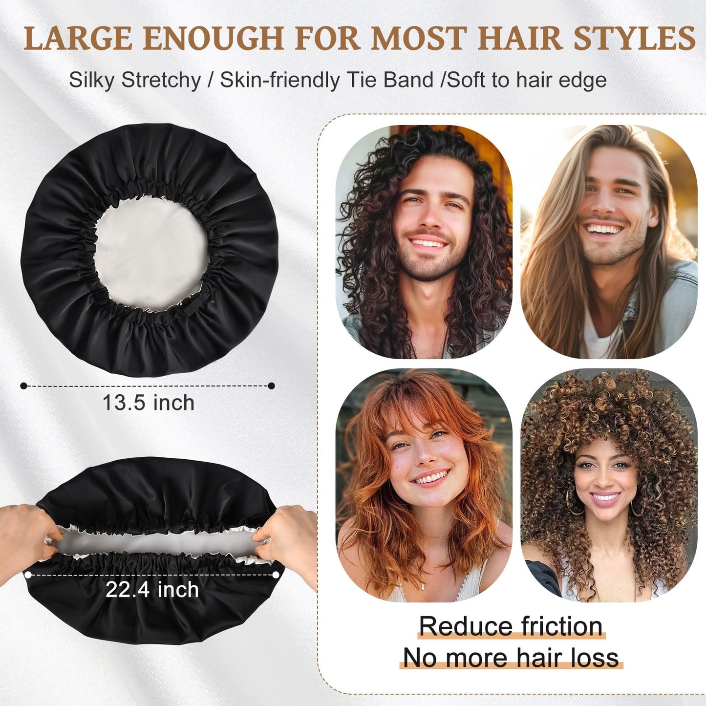 Silk Bonnet for Men Sleeping Satin Bonnet Hair Bonnets Double Layer Ajustable Bonnet Curly Braids Hair for Black Men and Women Sleep Cap (Black/Champagne)