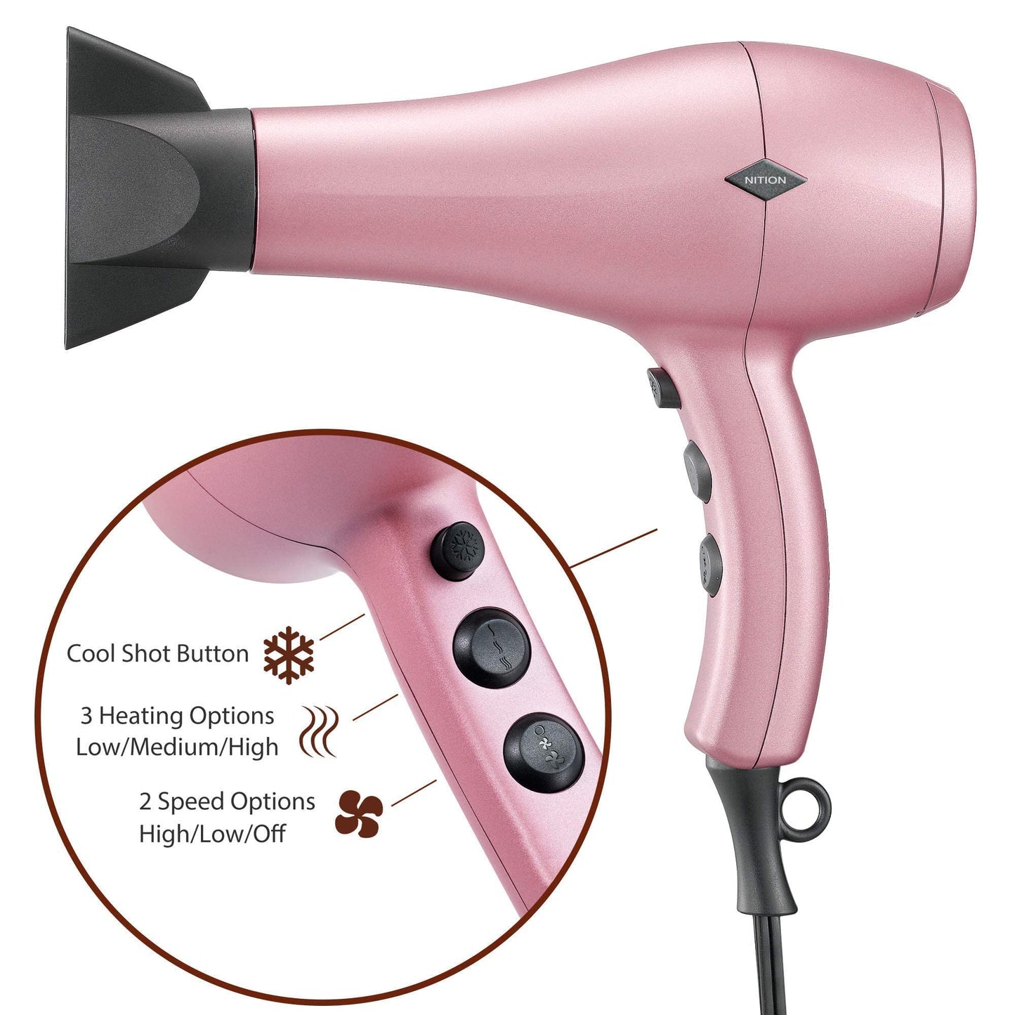 NITION Professional Salon Hair Straightener Flat Iron and Hair Dryer with 3 Attachments Diffuser/Comb Set