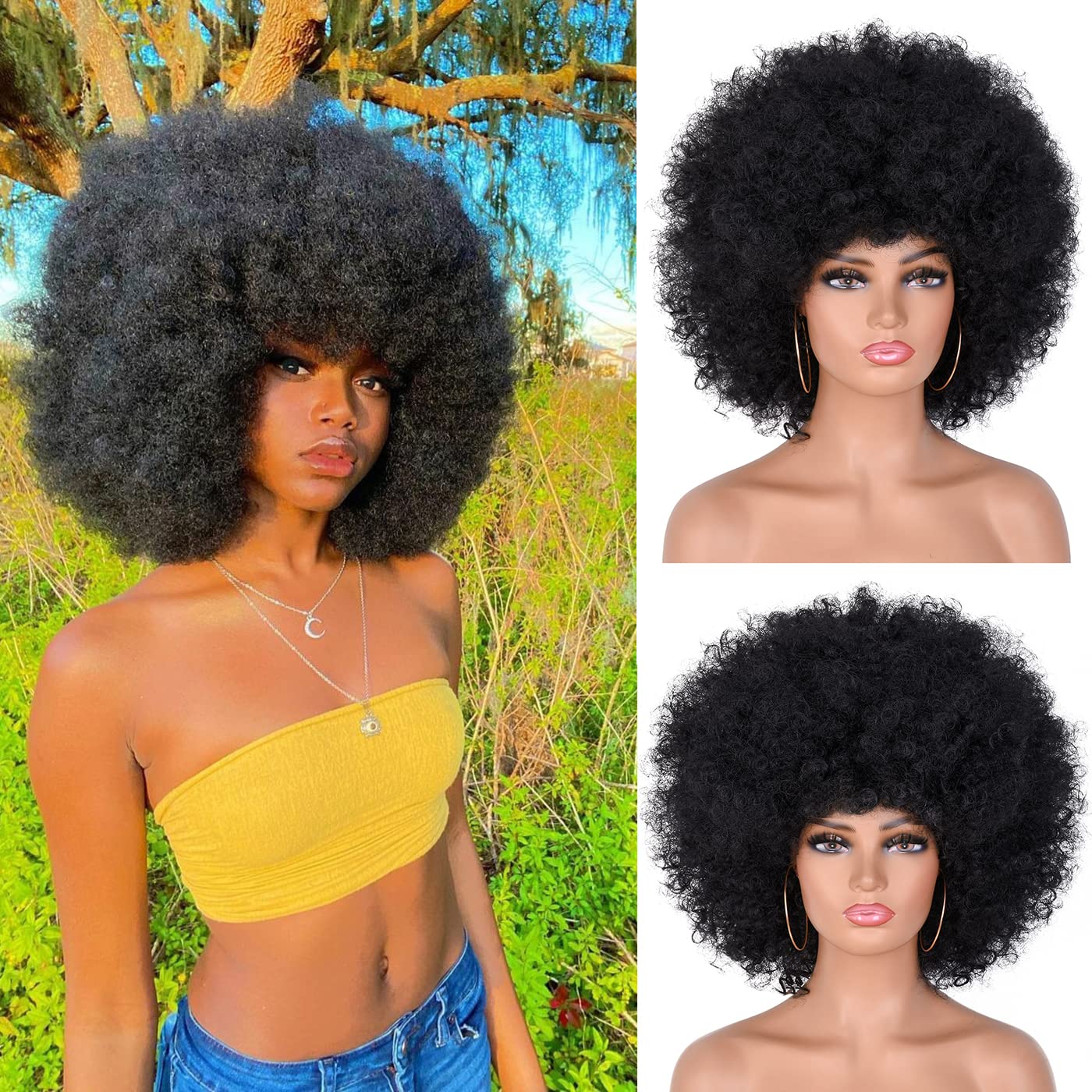 ANNISOUL Afro Wigs for Black Women Short Curly Afro Kinky Wig 70s Bouncy Huge Fluffy Puff Wigs Premium Synthetic for Cosplay and Daily