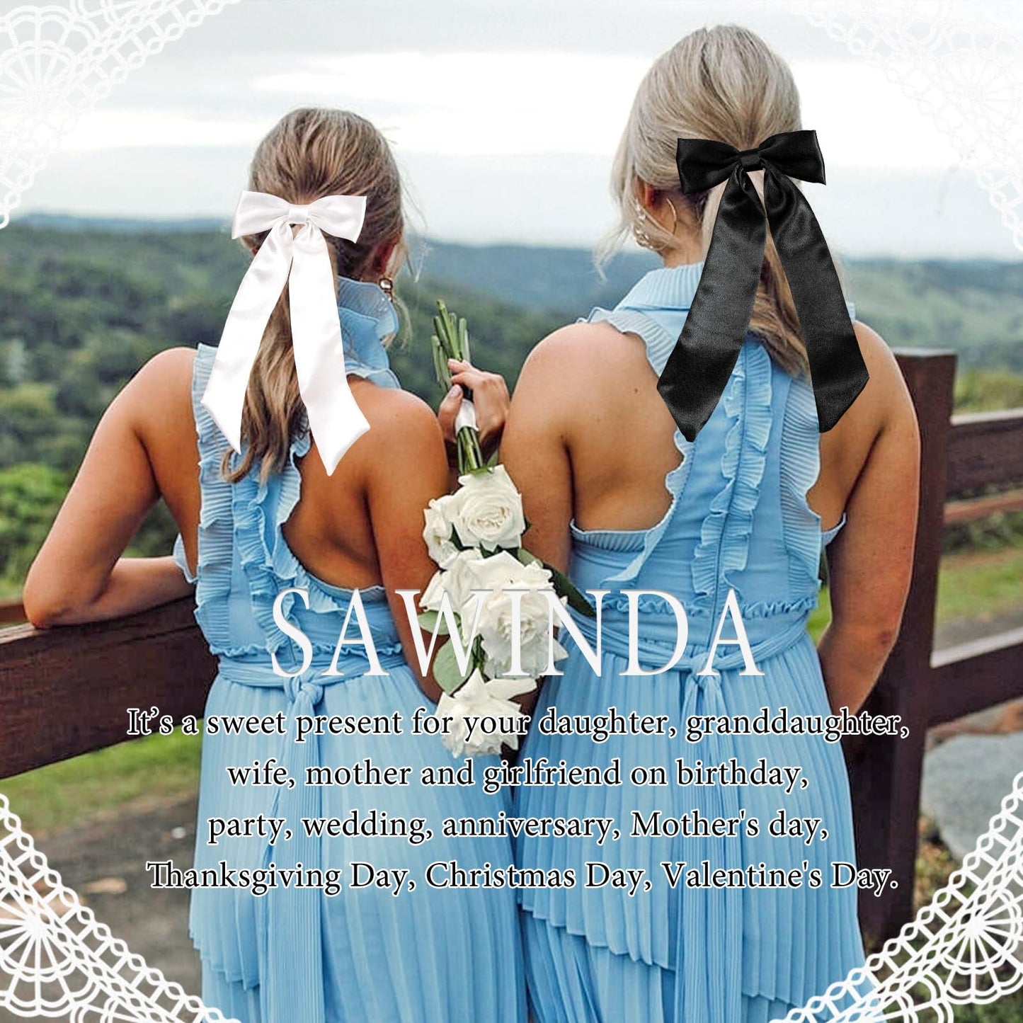 SAWINDA 4PCS Silky Satin Hair Bows for Women Black White Hair Ribbon Clip with Long Tail for Hair Daily Wear Wedding Party Prom Hair Bow Hair Accessories for Women Girls (Black*2&White*2)