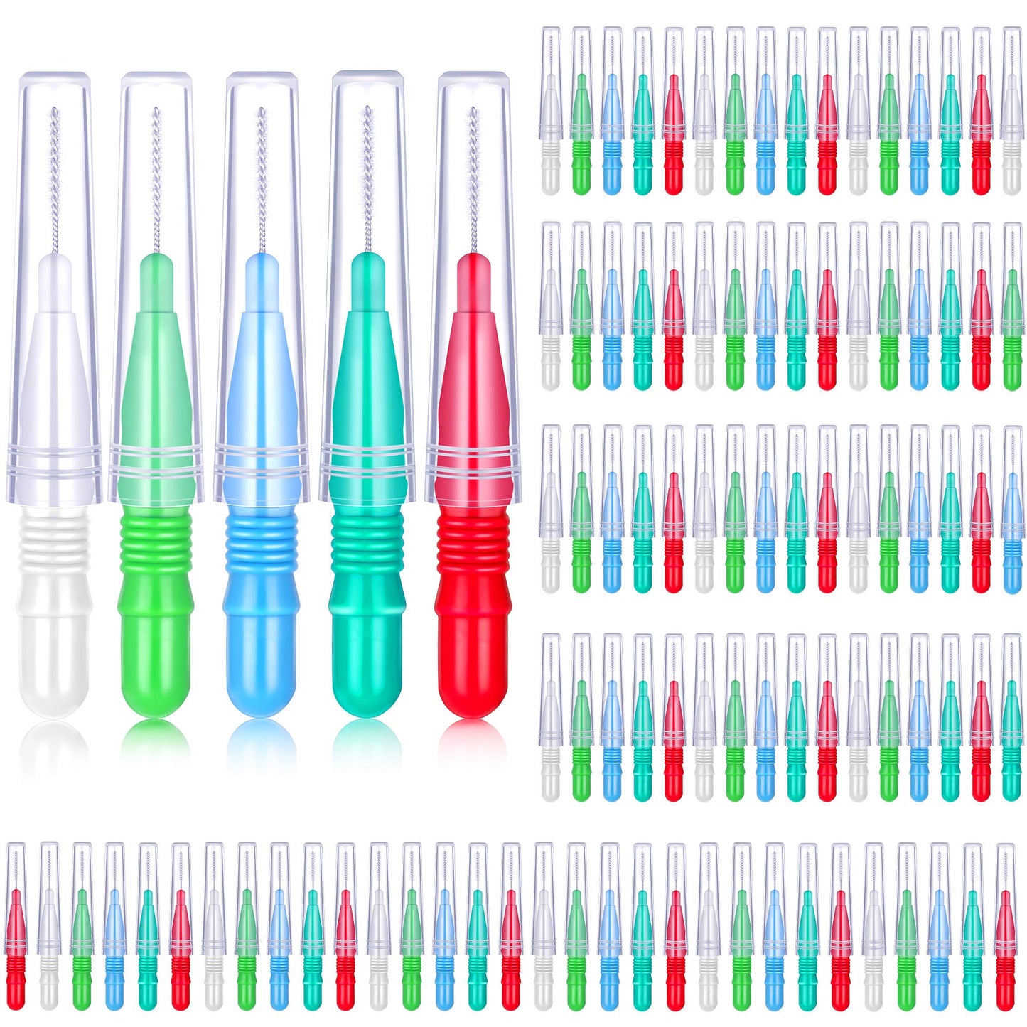 BBTO 100 Pcs Braces Dental Brush Flosser for Cleaner Interdental Brush Toothpick Dental Tooth Flossing Head Oral Dental Toothpick Cleaners Cleaning Tool (Red White Green Light Green, Light Blue)