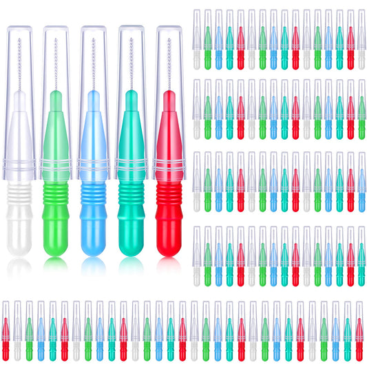 BBTO 100 Pcs Braces Dental Brush Flosser for Cleaner Interdental Brush Toothpick Dental Tooth Flossing Head Oral Dental Toothpick Cleaners Cleaning Tool (Red White Green Light Green, Light Blue)