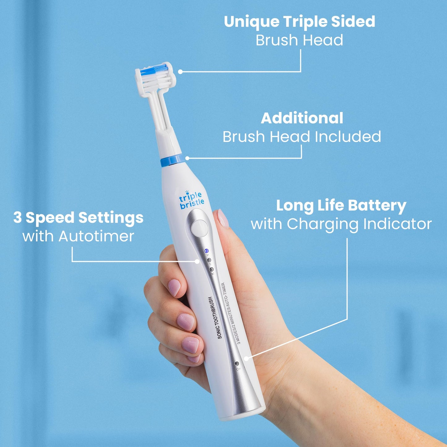 Triple Bristle Original Sonic Toothbrush + 3-Sided Replacement Brush Heads 2pk (Blue) Bundle