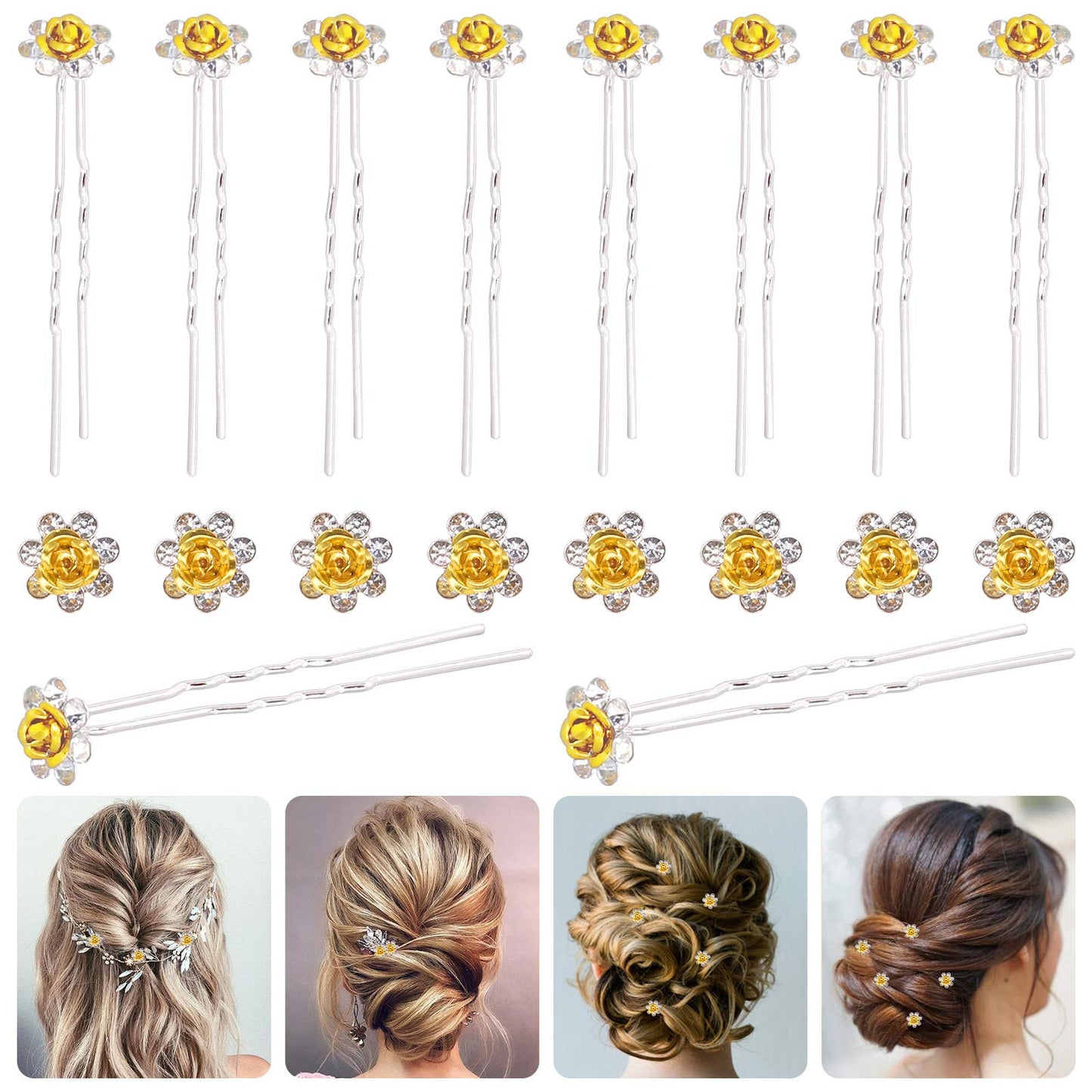 Rustark 40 Pcs Gold Crystal Hair Pins Rose Flower Rhinestone Hair Clips U Shaped Hair Pins Bobby Pins Bun Hairpins for Wedding Bridal Women Hair Jewelry Accessories with Storage Case