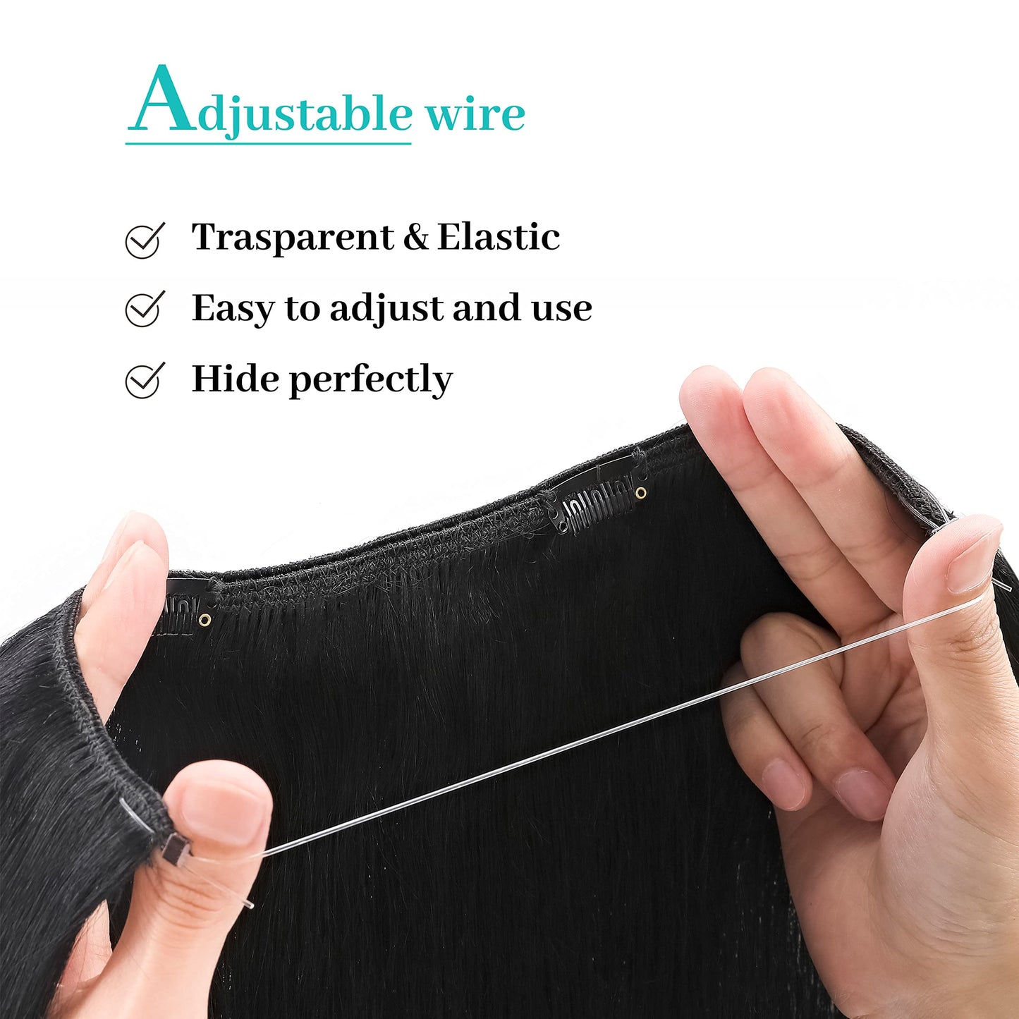 S-noilite Invisible Wire Human Hair Extensions 20inch 70g Secret Hairpieces with 2 Clips Adjustable Headband Fish Line Hairpieces For Women #1 Jet Black