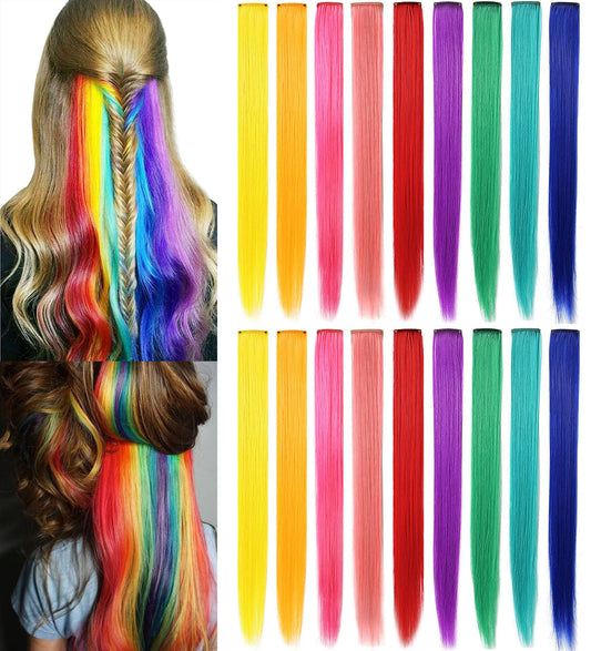 SARARHY 9 Color 18 PCS Multicolored Hair Extensions clip in Kids Highlights 21inch Straight Colored Hair Extension Clip In For Girls and Women Party Rainbow Wig Hairpieces
