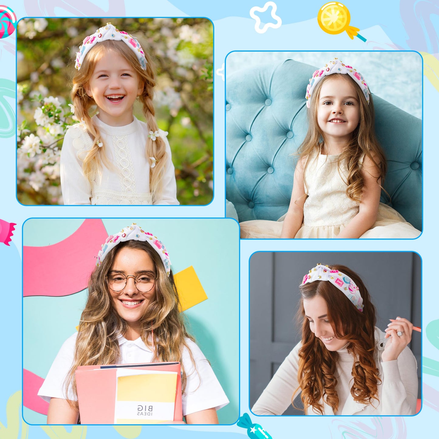 PANTIDE Candy Jeweled Knotted Headband - Sugar Lollipop Rhinestone Crystal Embellished Preppy Headband Non Slip Wide Top Knot Fashion Hairband Hair Accessories Birthday Gift for Women Girls (White)