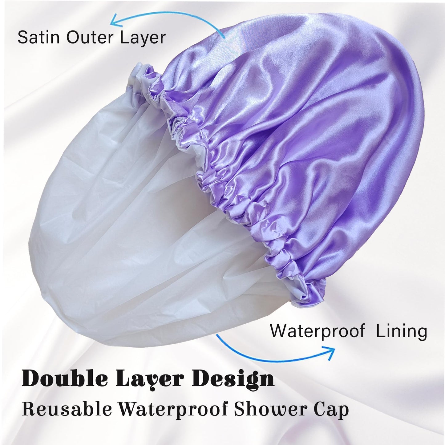 vidsel Shower Cap for Women Reusable Shower Caps Waterproof, Large Double Layer Bath Hair Cap for All Hairstyles