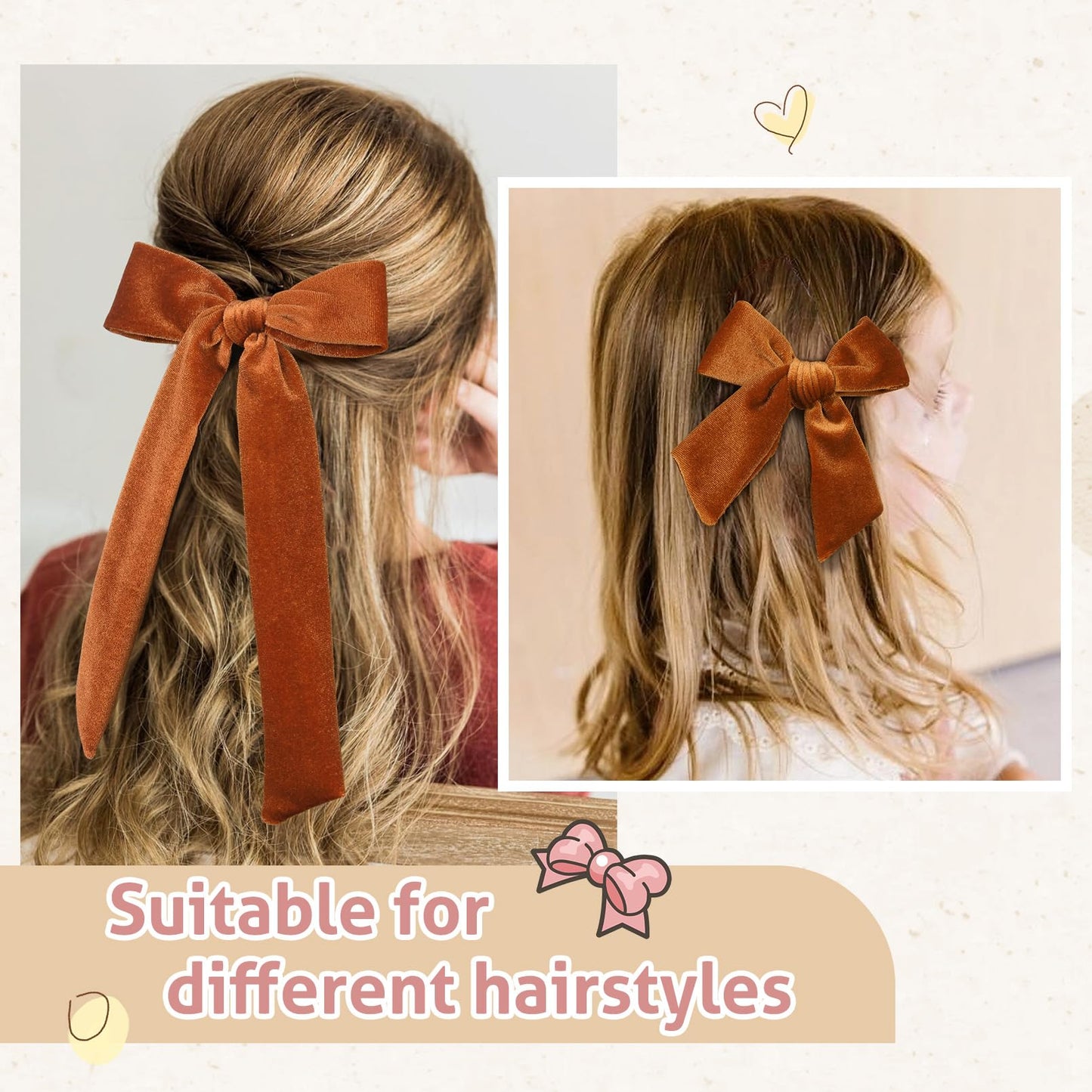 Soft Velvet Hair Bows for Toddler Girls - 2 Sizes (5" & 3.5") Long Ponytail Knot Bows with Alligator Clips - Hair Accessories for Little Kids, Orange & Brown
