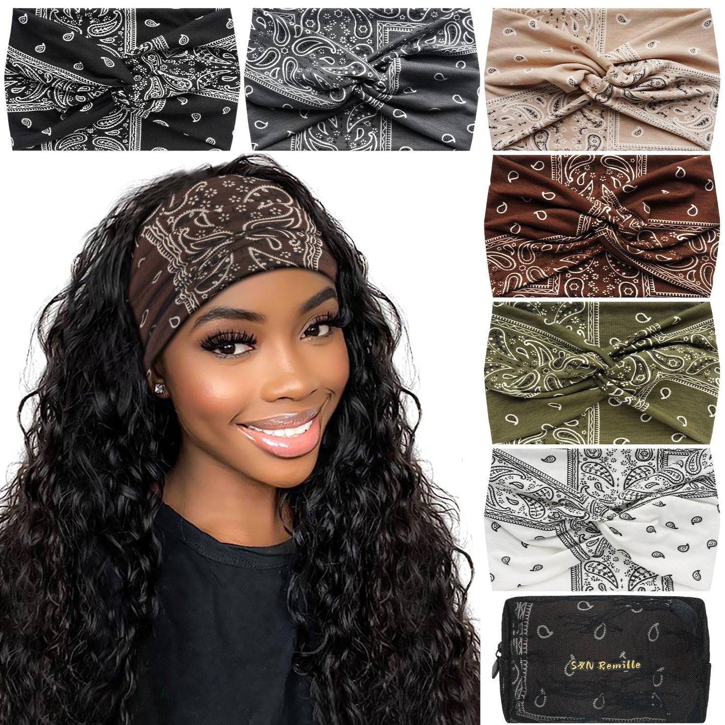 S&N Remille Wide Boho Headband for Women Extra Large Turban Elastic Non-Slip Headbands Hairband Accessories for Yoga, Sports 6 Pack