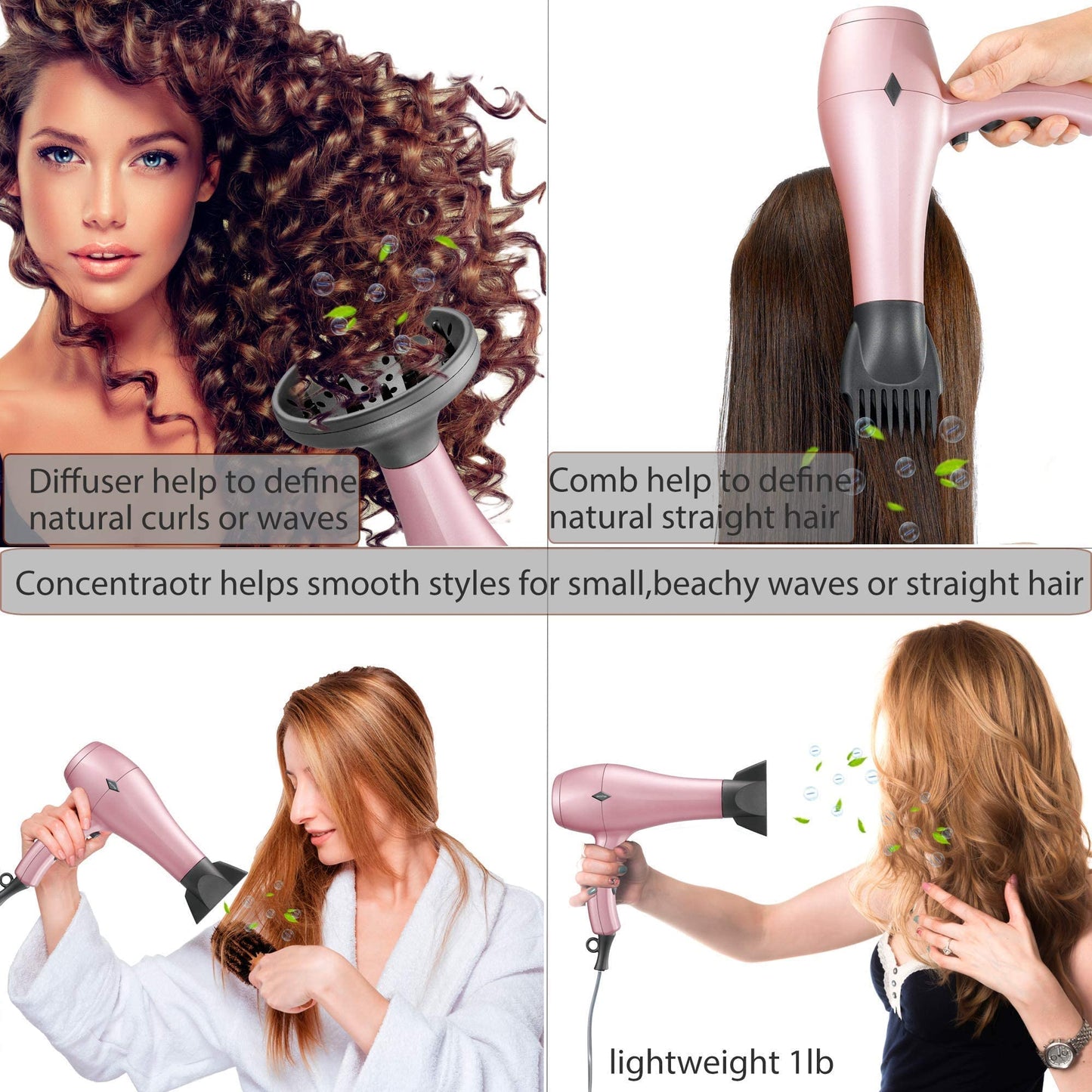 NITION Professional Salon Hair Straightener Flat Iron and Hair Dryer with 3 Attachments Diffuser/Comb Set