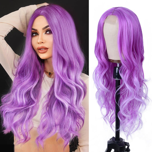Aida ble Long Purple Wavy Wig for Women 26inch Lavender Purple Wavy Wig Natural Curly Synthetic Heat Resistant Wigs for Girls Halloween Cosplay Daily Party Use