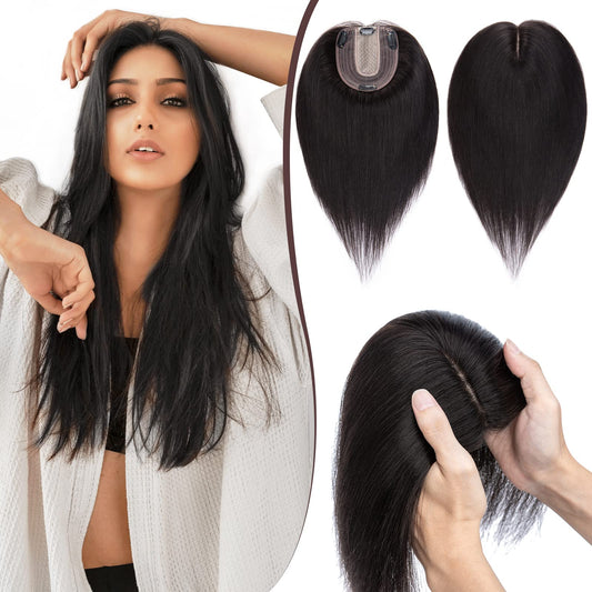 SEGO Clip in Hair Topper For Women, No Bangs Remy Human Hair Toppers Silk Base Top Wiglet Hairpieces for Hair Loss Thinning Hair Cover Grey Hair 4 Clips