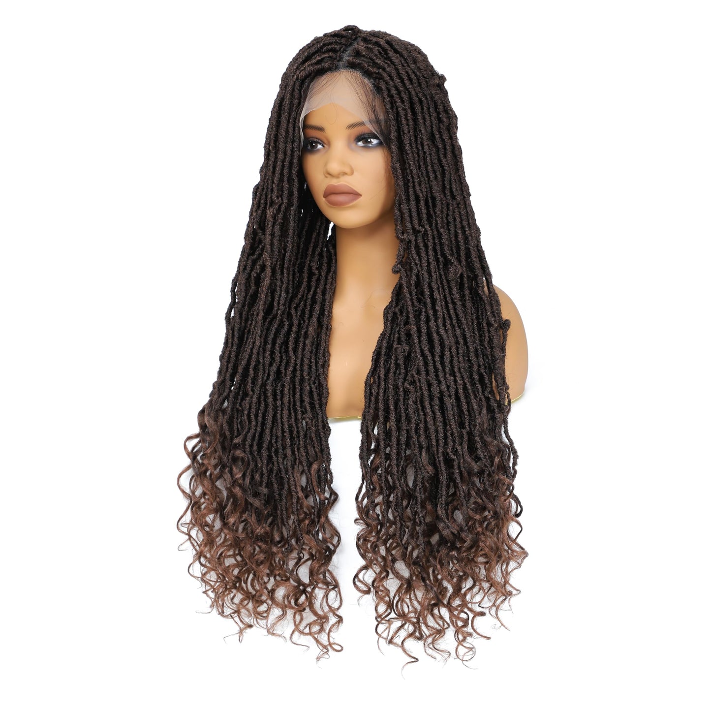 POSYTRESS 36 Inch Goddess Faux Locs Braided Wigs for Women Embroidery Lace Front Braided Wig with Curly Ends Knotless Full Lace Synthetic Goddess Locs Wig Brown Color Square Based Braided Wigs (#30)