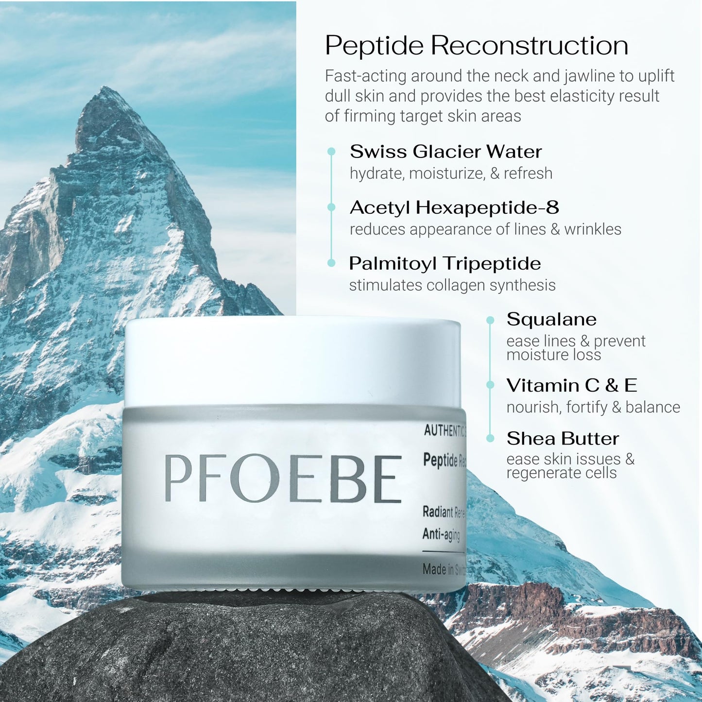 Pfoebe & Co. Peptide Reconstruction Cream | Face, Neck, Jawline, Decolletage | Swiss Glacier Water Infused | Firm & Tighten | Deep Care for Sun Damage | Time-Defying Hydration | Radiant Skin - 50ml