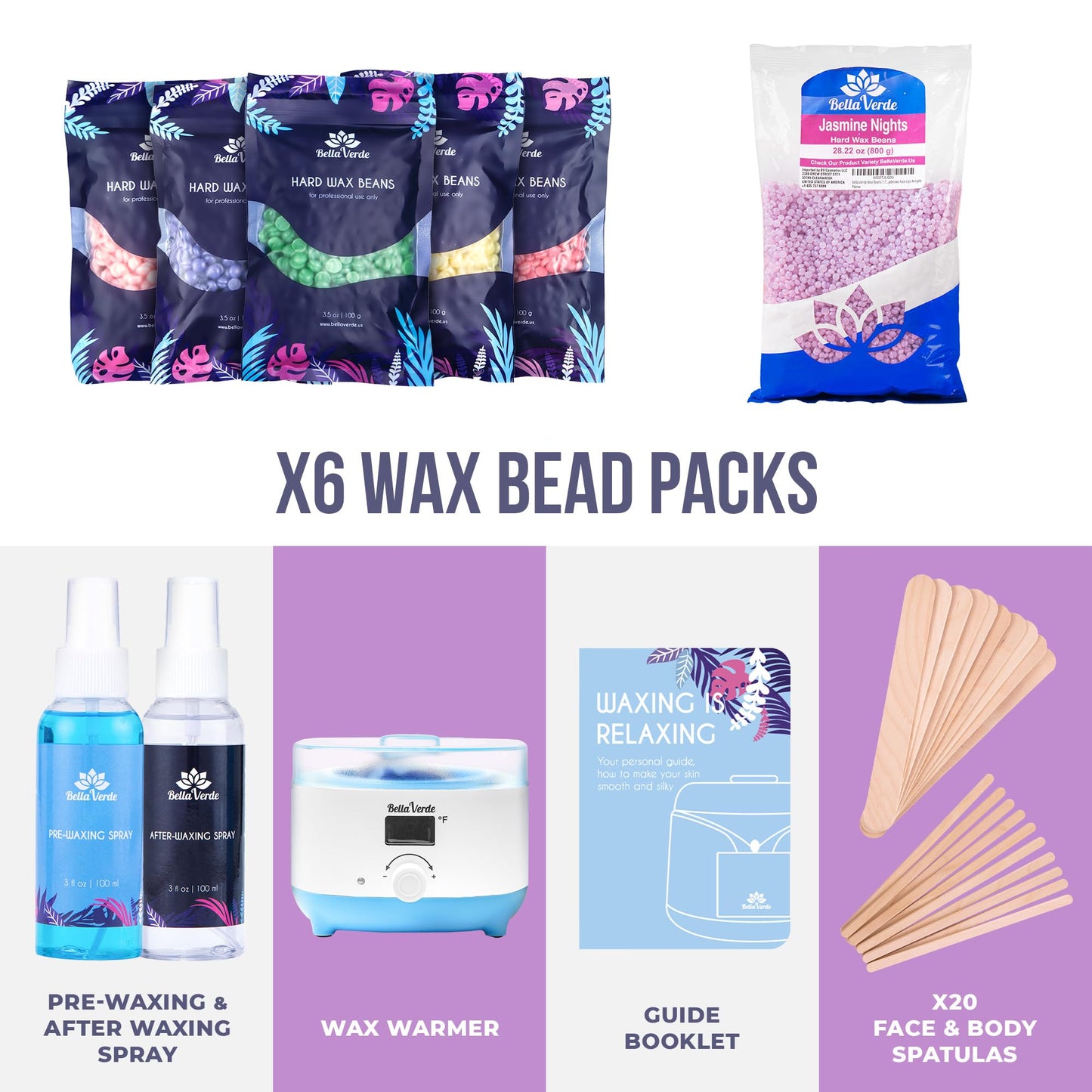 Bella Verde Waxing Kit - Home Wax Kit for Women and Men - Wax Warmer - 5+1 Packs of Wax Beads - Pre & Post Wax Spray 20 Wood Sticks - Hard Wax Beans for Brazilian Body Legs Eyebrows Face Lips