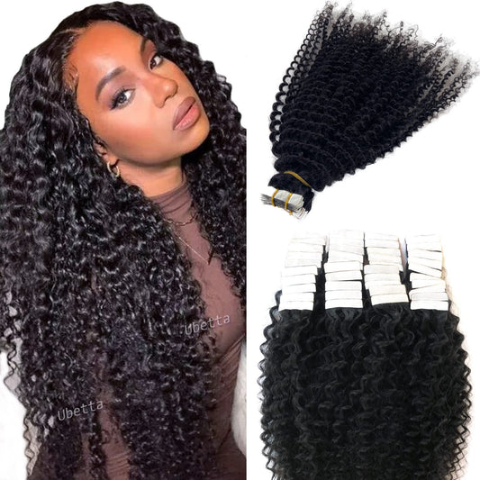 Tape in Hair Extensions Human Hair Black Women Kinky Curly Real Hair Extensions Tape ins Human Hair, 100G 20Inch 40 Pieces Double Sided Seamless Invisible Tape in Hair Extensions for Short Hair