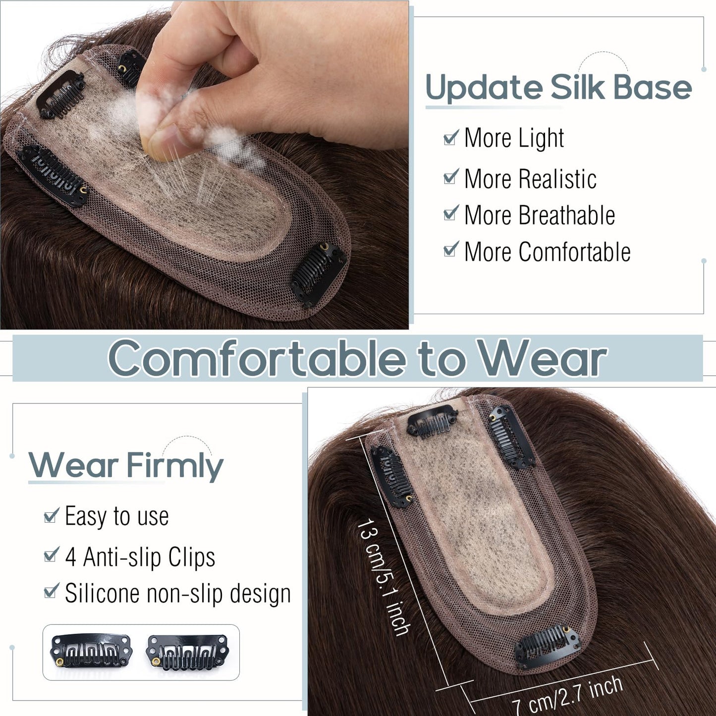 Rich Choices 100% Human Hair Topper Hair Topper for Women Real Human Hair Silk Base Remy Hair Topper With Thinning Hair Clip in Human Hair Topper 12 Inch Dark Brown