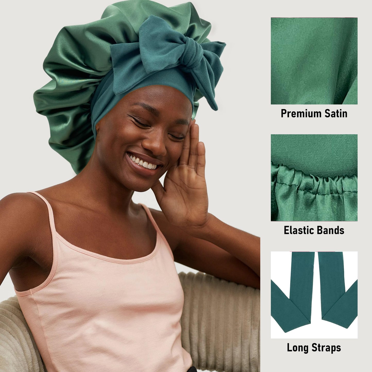 Satin Bonnet Silk Bonnet for Sleeping Women Hair Bonnet for Curly Hair Head Wrap Scarf Night Sleep Cap Bonnets for Black Woman Hair Accessories for Women Men Girls with Elastic Tie Band(Green)
