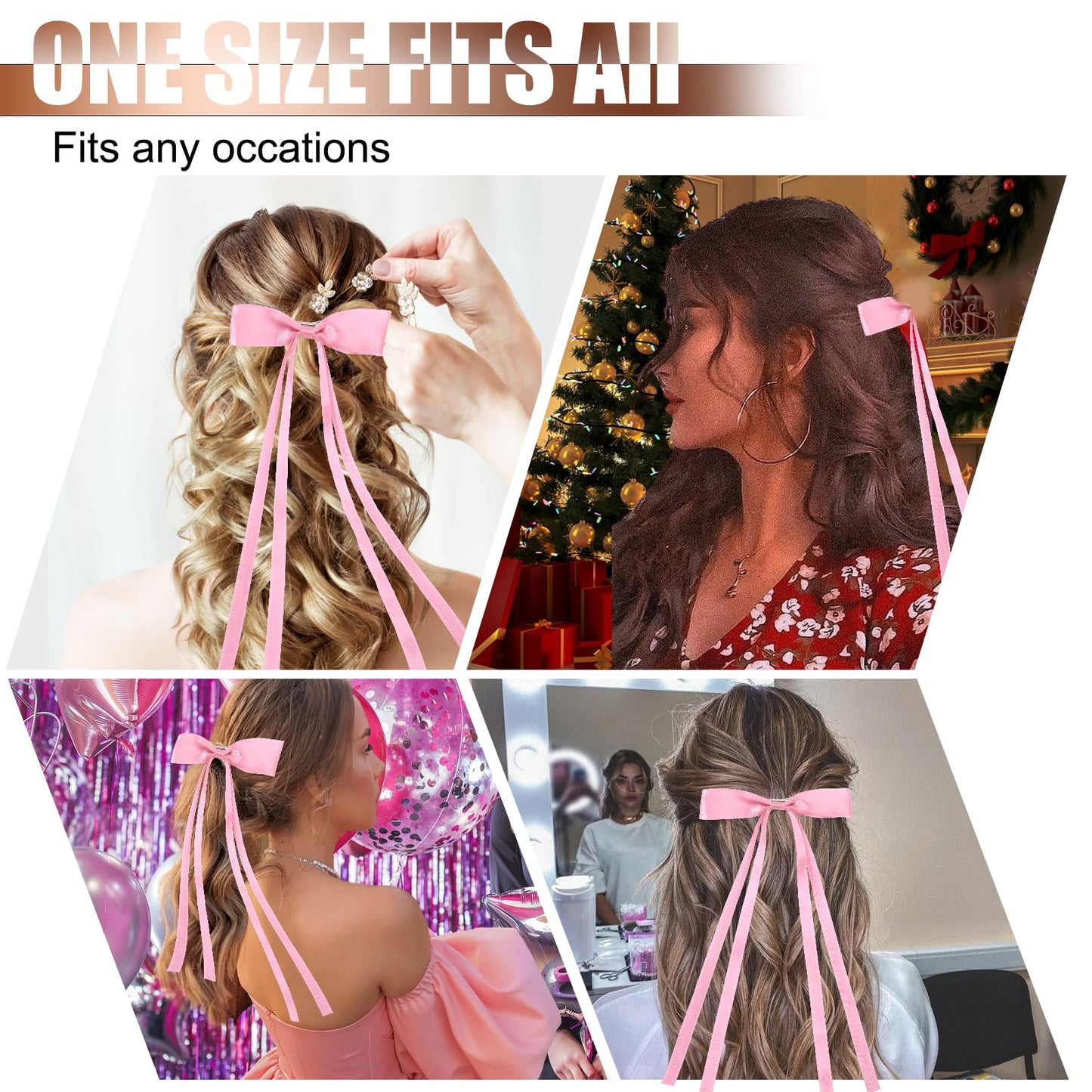 Vodolo Pink Hair Bows for Women,4 PCS Large Bow Hair Clips Tassel Ribbon Bowknot With Long Tail,Ribbon Hair Bows Barrettes for Thick Thin Hair,Nonslip Hair Accessories Christmas Birthday Gifts