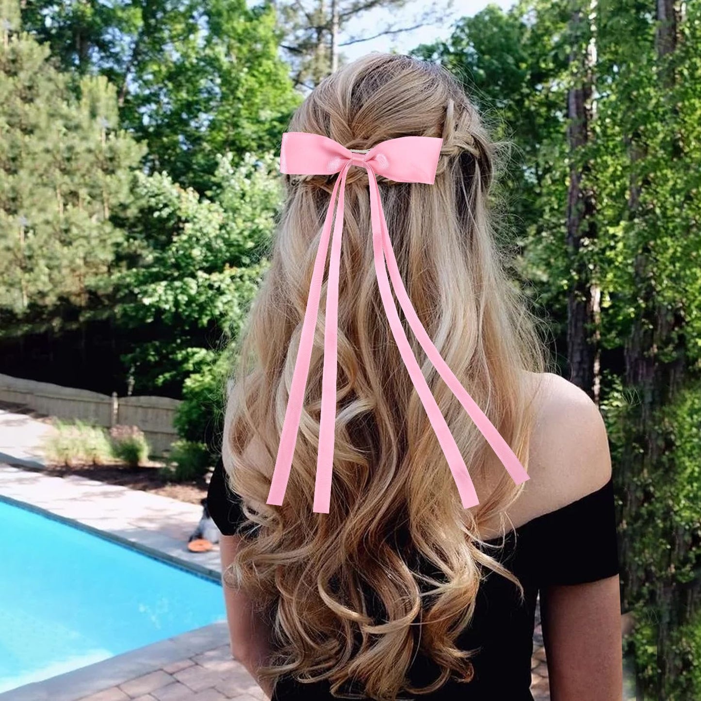 Vodolo Pink Hair Bows for Women,4 PCS Large Bow Hair Clips Tassel Ribbon Bowknot With Long Tail,Ribbon Hair Bows Barrettes for Thick Thin Hair,Nonslip Hair Accessories Christmas Birthday Gifts