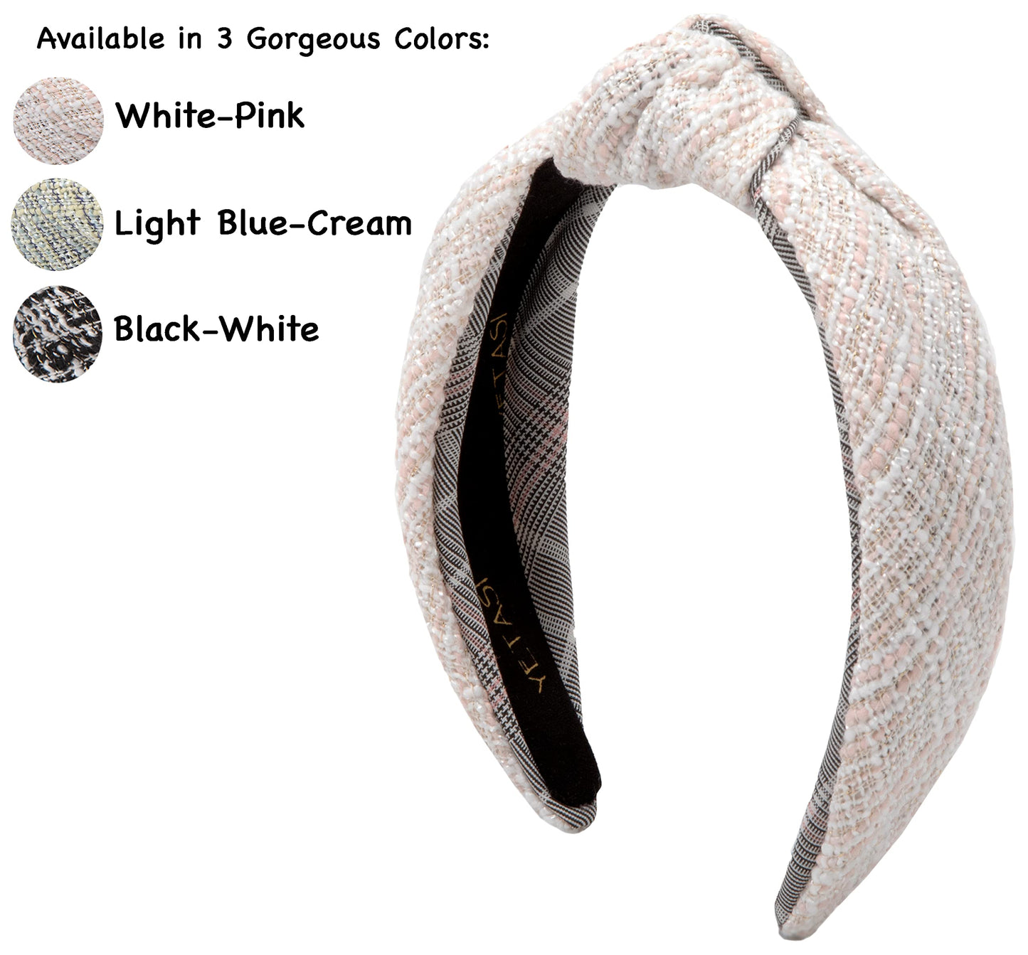 YETASI Tweed Off White Knotted Headband for Women with Hints of Pink and Gold Threading is Unique. White Headbands for Women with Knot