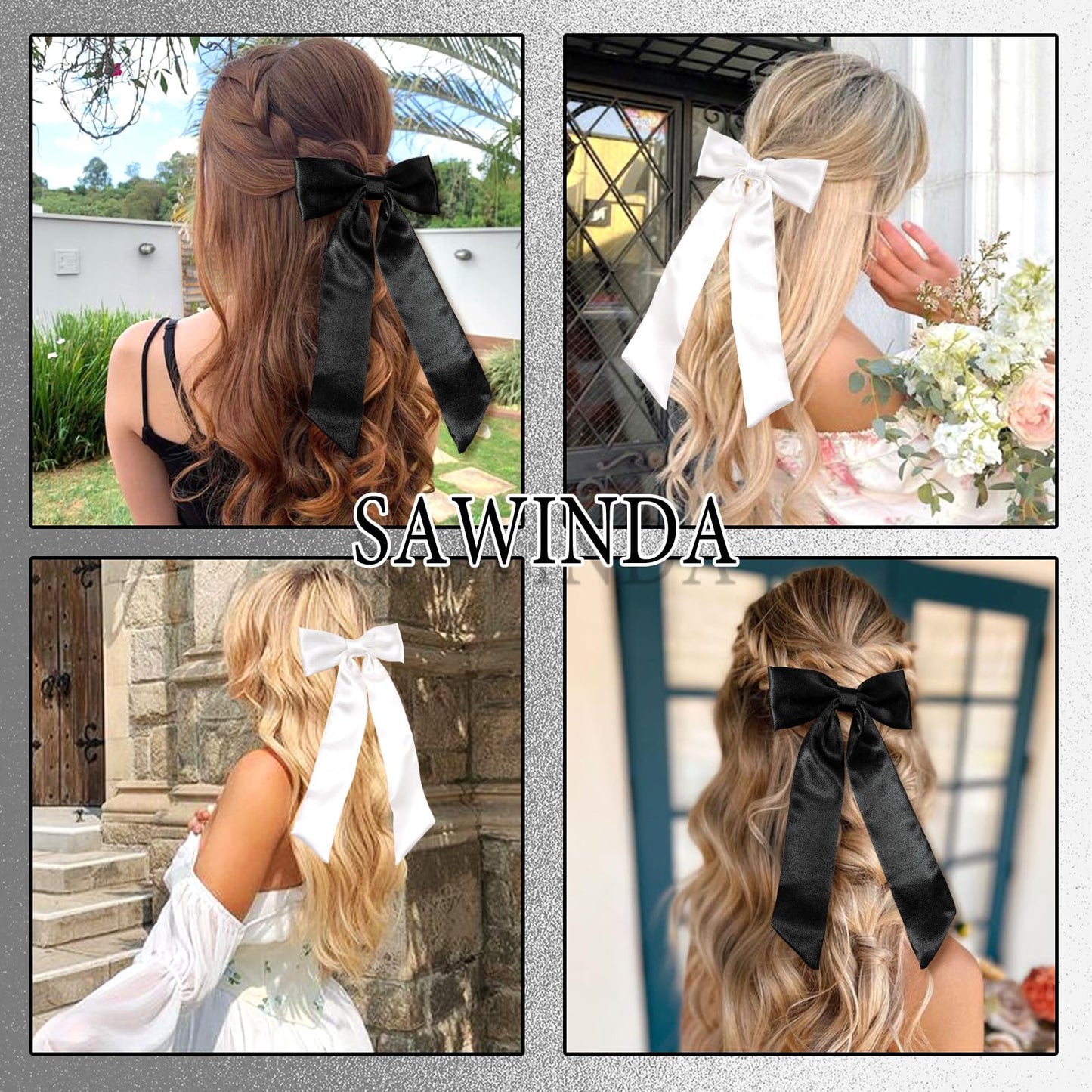 SAWINDA 4PCS Silky Satin Hair Bows for Women Black White Hair Ribbon Clip with Long Tail for Hair Daily Wear Wedding Party Prom Hair Bow Hair Accessories for Women Girls (Black*2&White*2)