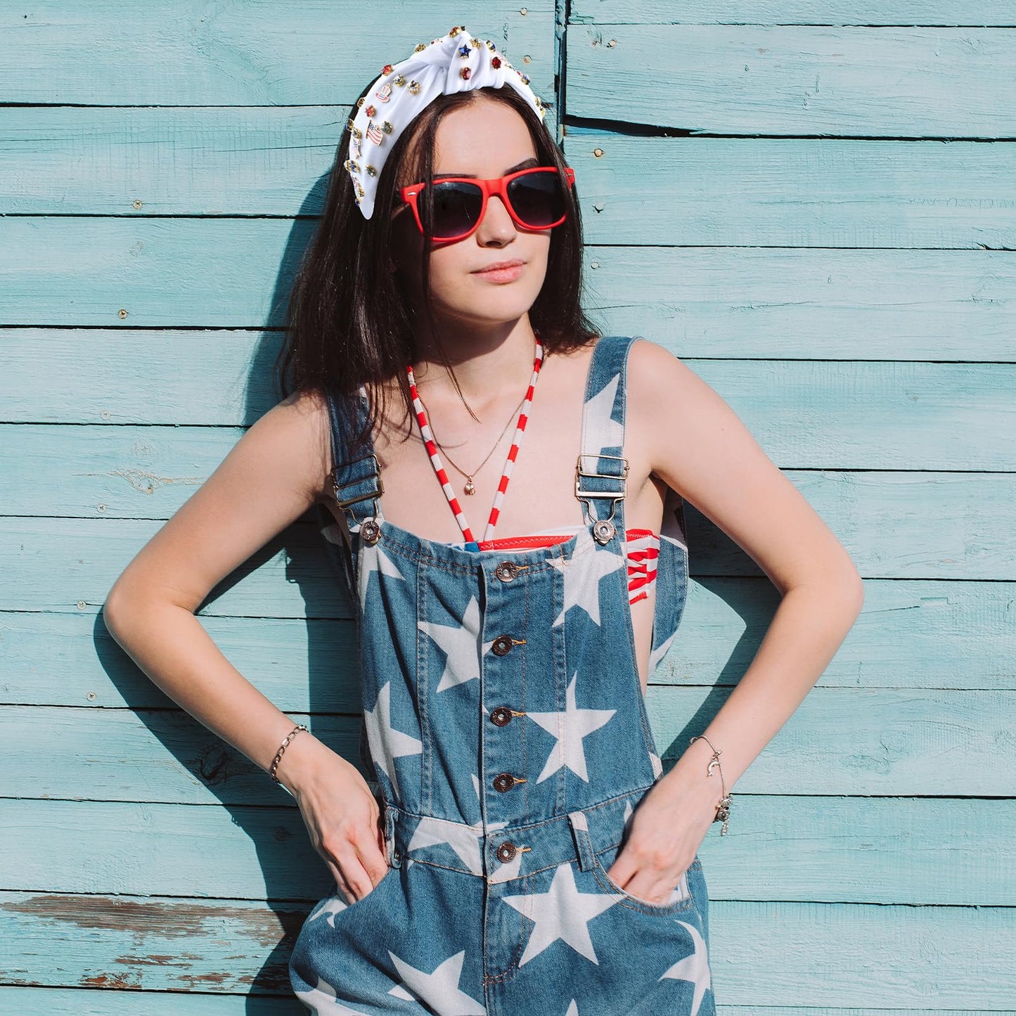 ABONDEVER Patriotic Rhinestone Beaded Headbands for Women American Flag Crystal Knotted Headband Embellished Jeweled Headbands 4th of July Hairband Accessories Gifts (White-Star)