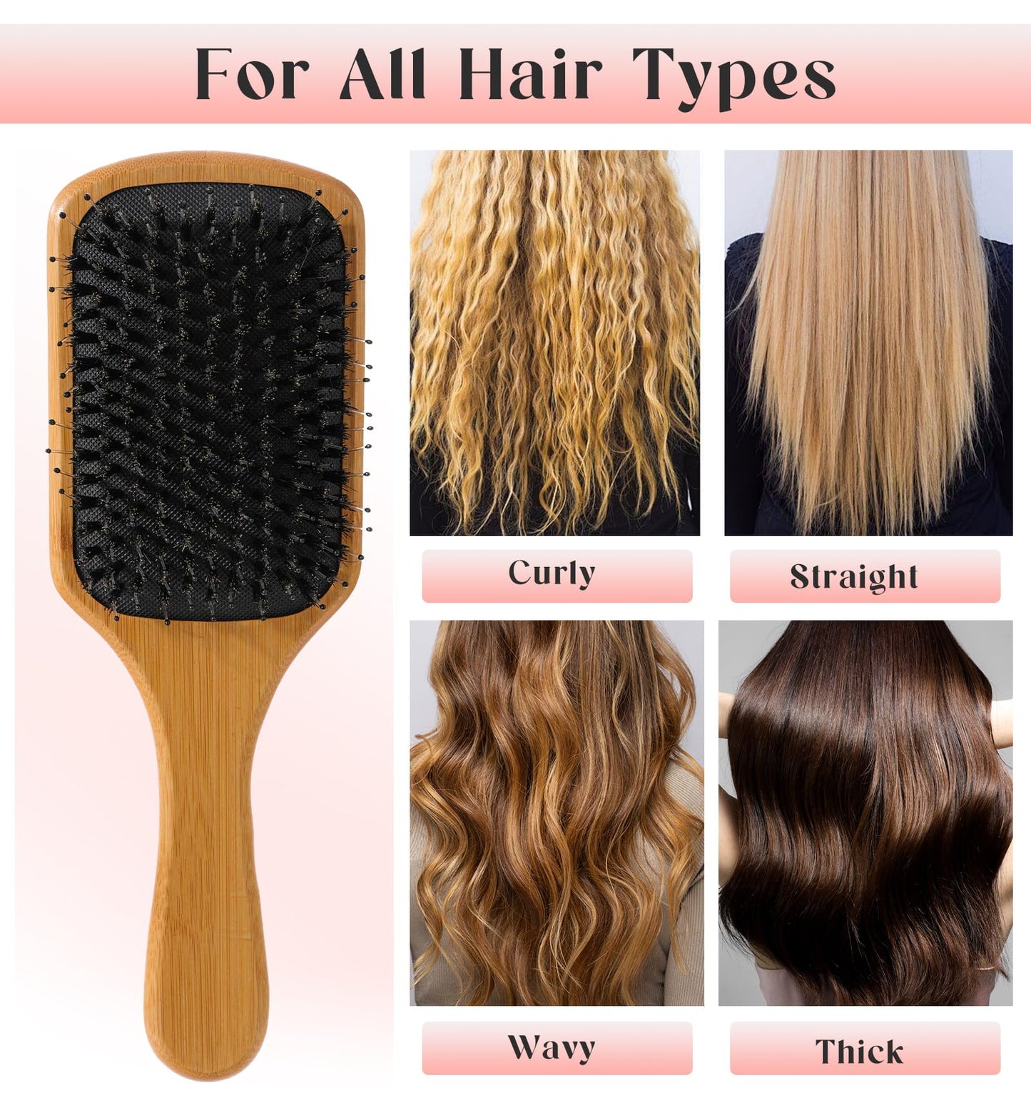 Boar Bristle Paddle Brush, Styling Comb and Brush Set, Hairbrushes and Combs, Wooden Boar Bristle Hair Brush, Brush Paddle for All Hair Type, Travel, Home, Detangling Smoothing Massaging