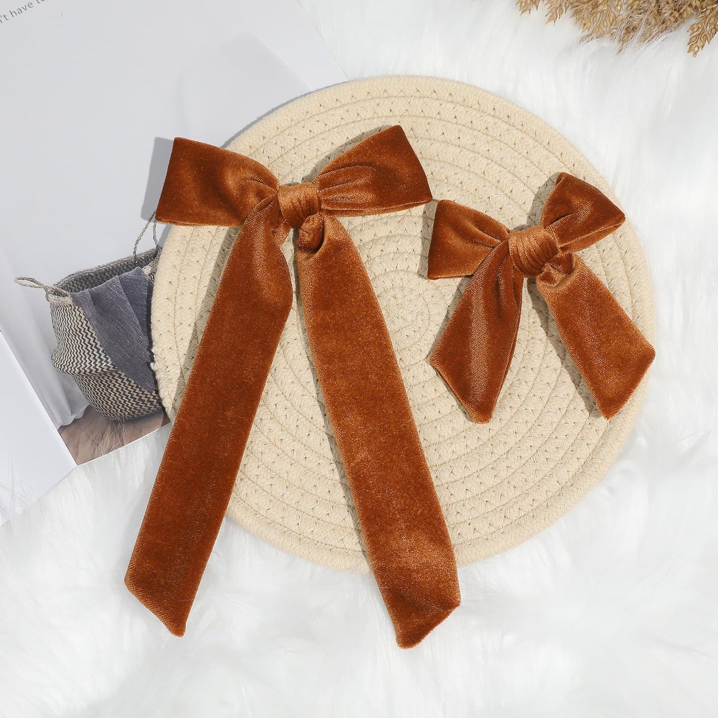 Soft Velvet Hair Bows for Toddler Girls - 2 Sizes (5" & 3.5") Long Ponytail Knot Bows with Alligator Clips - Hair Accessories for Little Kids, Orange & Brown
