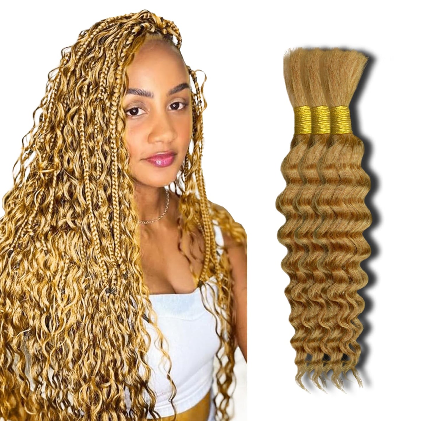 Niviorvan 27 (Honey Blonde) Human Braiding Hair 18 Inch 3 Bundle 150 g Deep Wave Bulk Human Hair for Braiding No Weft Curly Human Hair Extensions for Boho Braids Wet and Wavy Human Hair