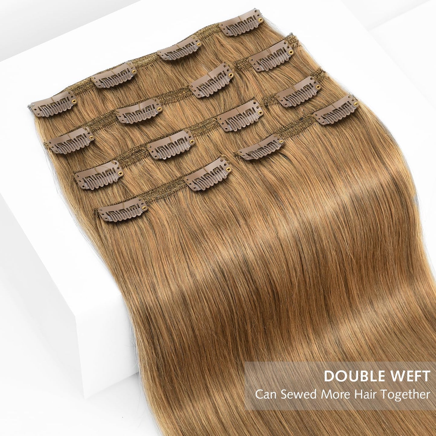 Rose bud Clip in Hair Extensions Real Human Hair 7Pcs 16Clips 16Inch 140g Natural Thick Hair Extensions Human Hair #27 Dark Blonde