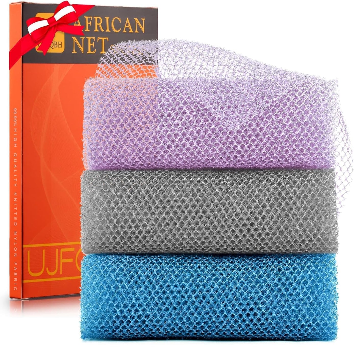 3 Pieces African exfoliating net African Net Long Net Bath Sponge Exfoliating Shower Body Scrubber Back Scrubber Skin Smoother,Great for Daily Use (Purple Gray Blue)
