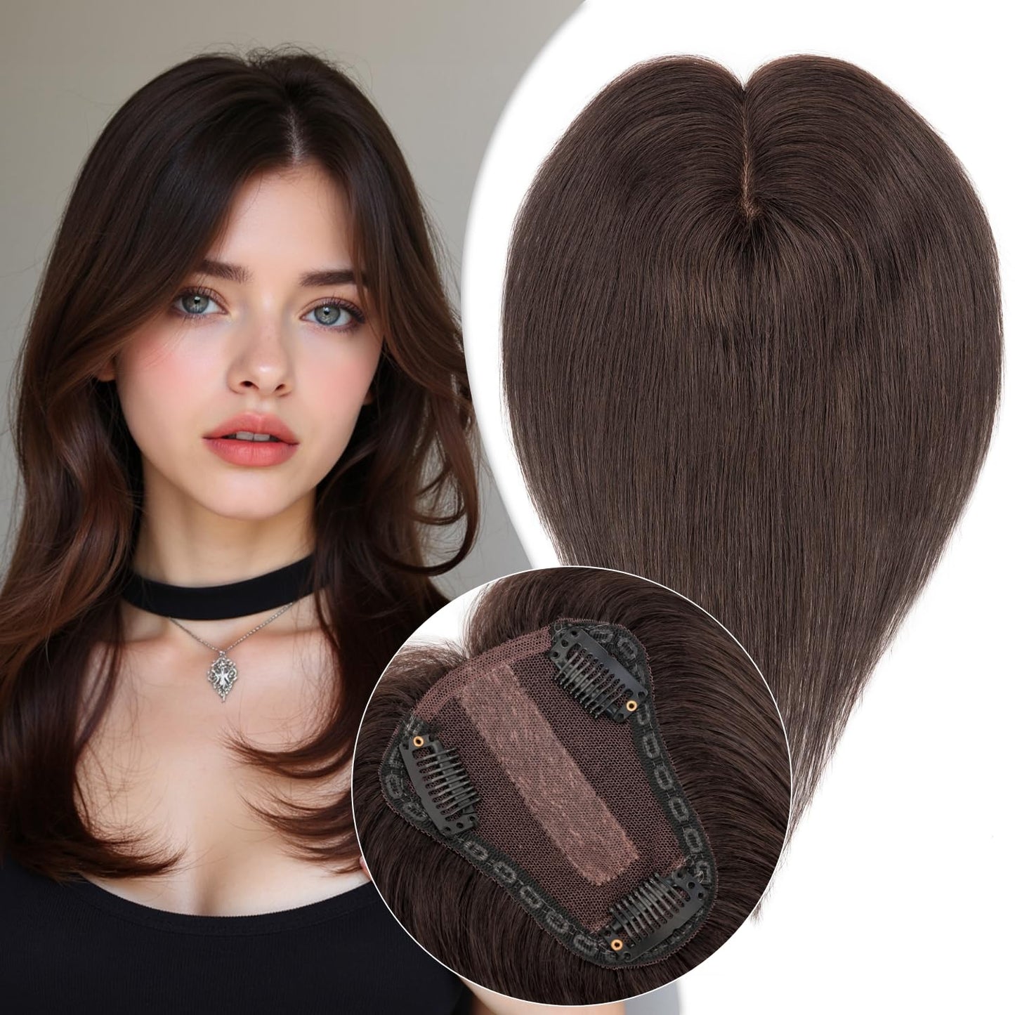 TESSHAIR Hair Toppers for Women Real Human Hair No Bangs Human Hair Toppers for Women 150% Density Toppers Hair Toppers for Thin Hair 10 Inch Toppers Hair Pieces for Women Natural Black #1B