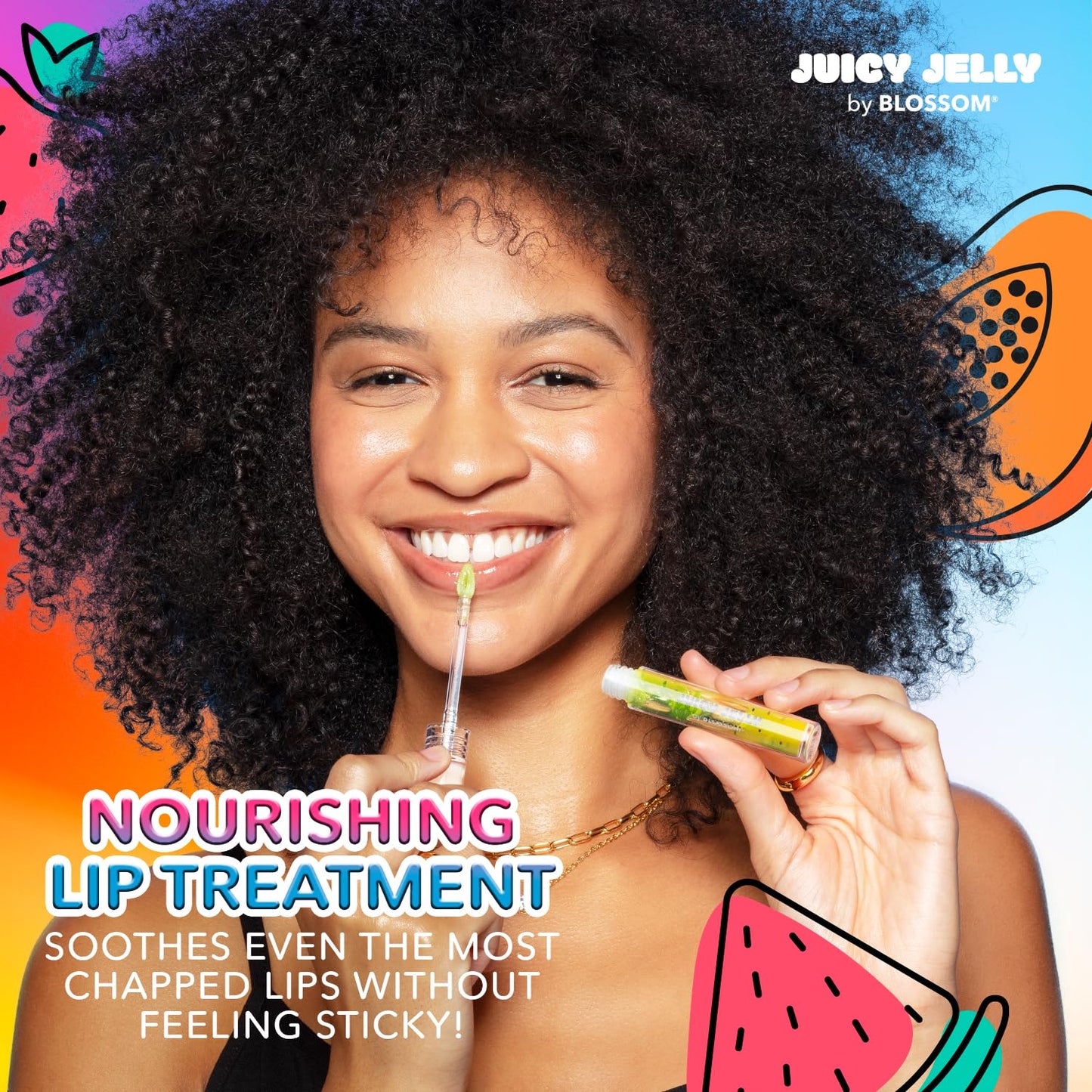 Blossom Juicy Jelly Moisturizing Lip Care Fruit Flavored Nourishing Lip Oil with Doe Foot Wand Applicator, 0.09 fl oz, Papaya