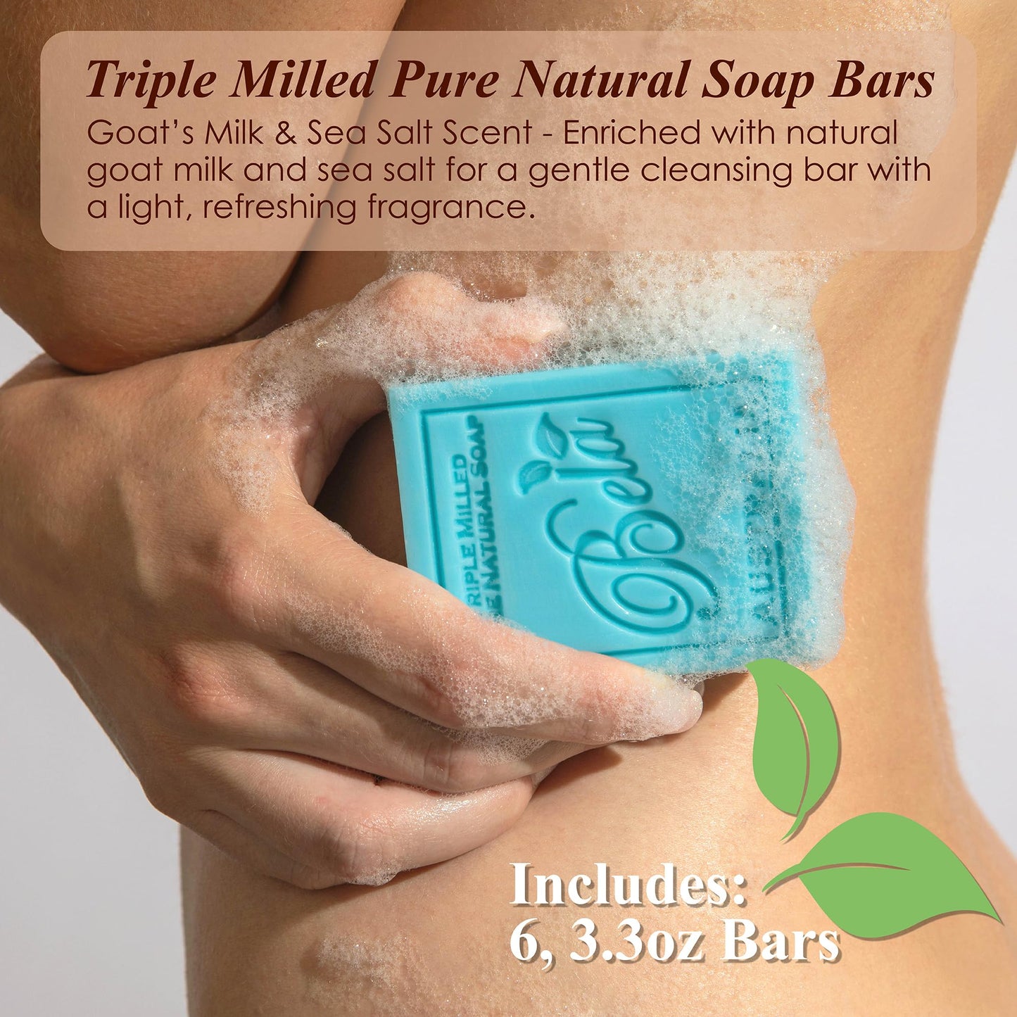 BELA - Triple Milled Pure Natural Soap Bars - Goat's Milk & Sea Salt, 3.3 oz (Pack of 6) - Organic Shea Butter - Rich Creamy Lather - Triple French Milled - Long Lasting - Made in Australia