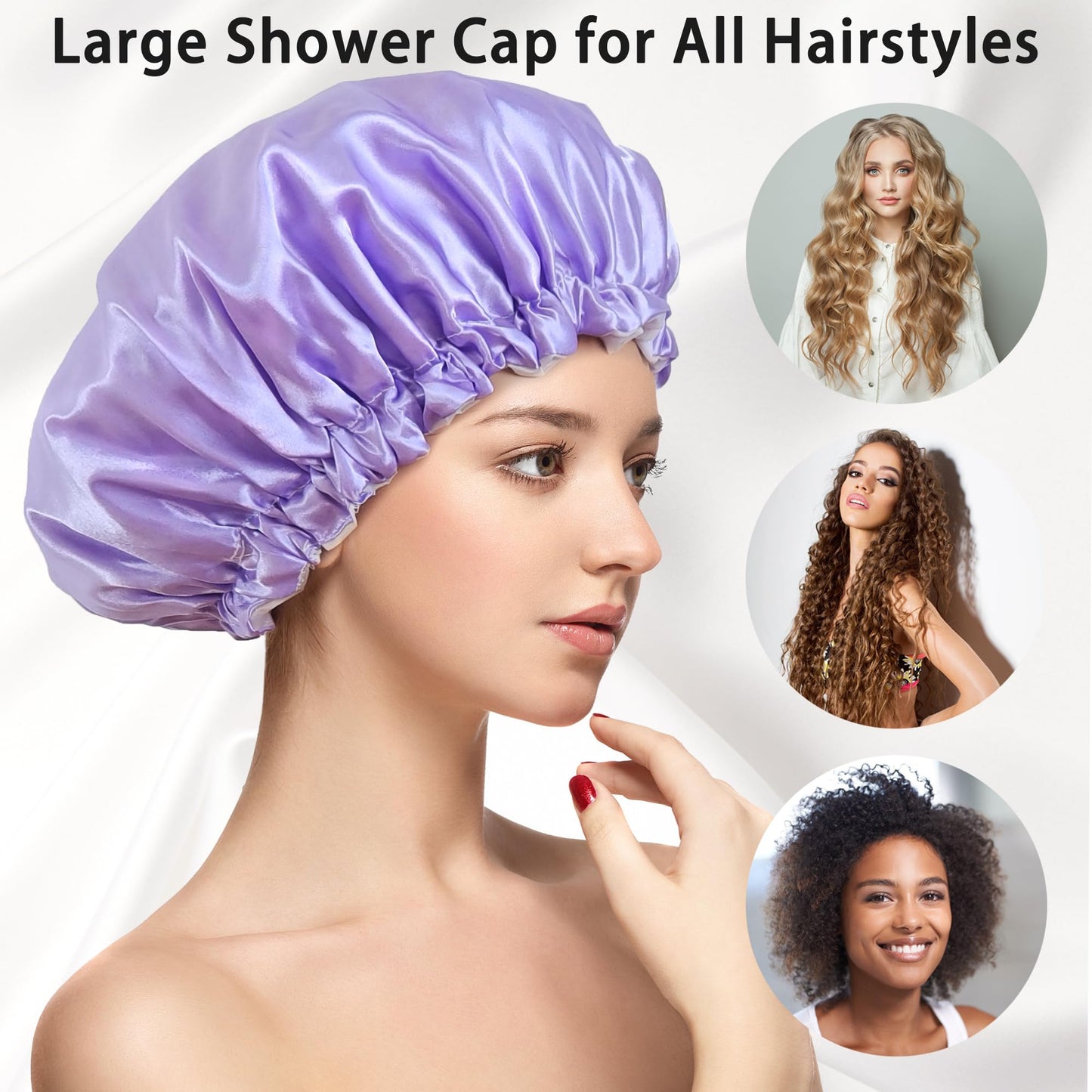 vidsel Shower Cap for Women Reusable Shower Caps Waterproof, Large Double Layer Bath Hair Cap for All Hairstyles